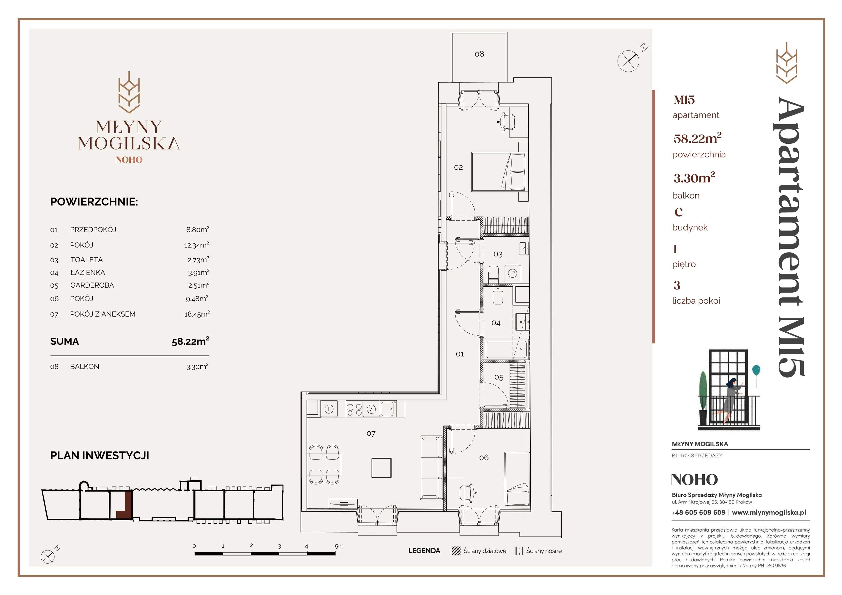 3 pokoje, apartament 58,21 m², piętro 1, oferta nr 15/C, Młyny Mogilska, Kraków, Prądnik Czerwony, Rakowice, ul. Mogilska