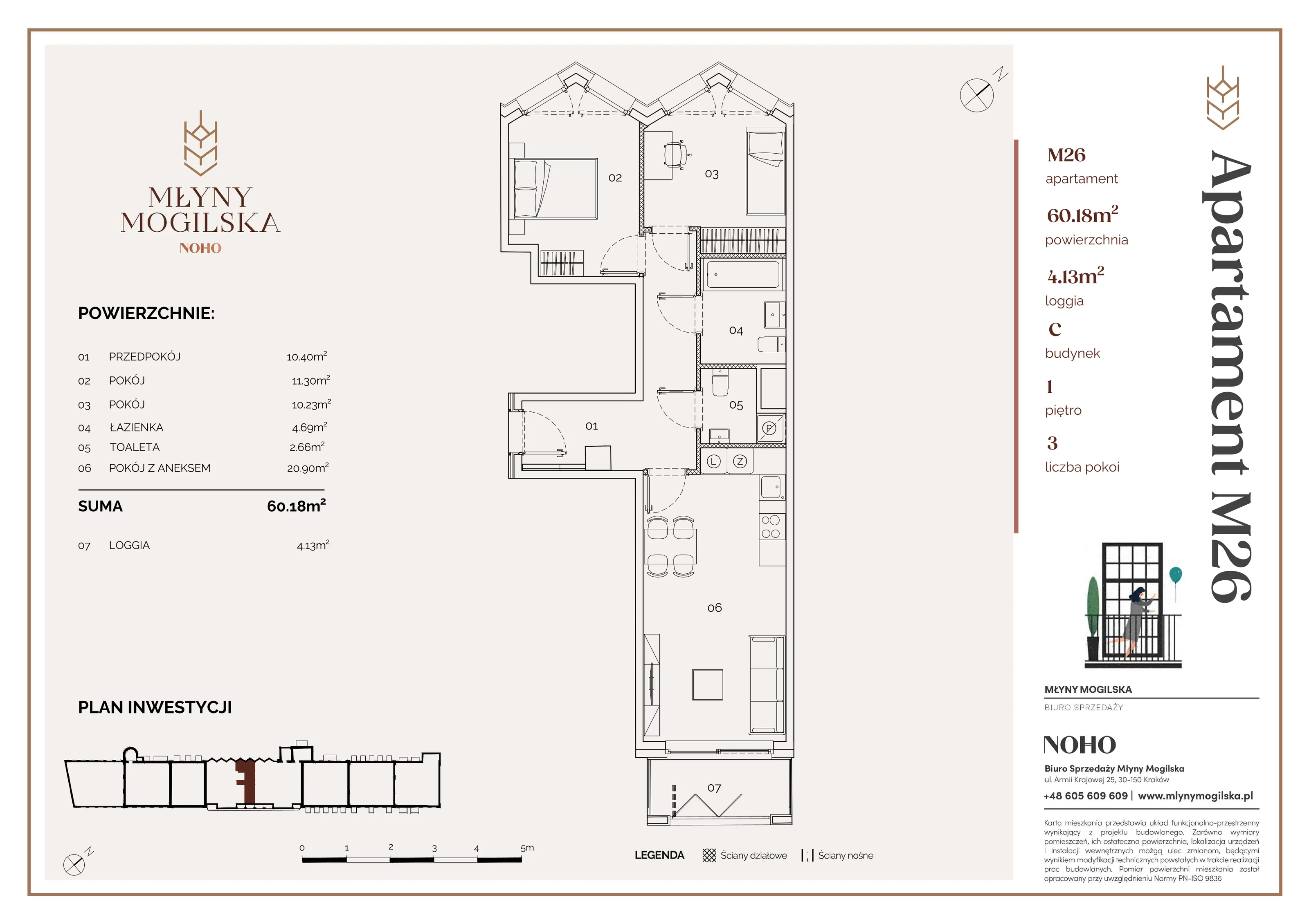 3 pokoje, apartament 60,10 m², piętro 1, oferta nr 26/C, Młyny Mogilska, Kraków, Prądnik Czerwony, Rakowice, ul. Mogilska