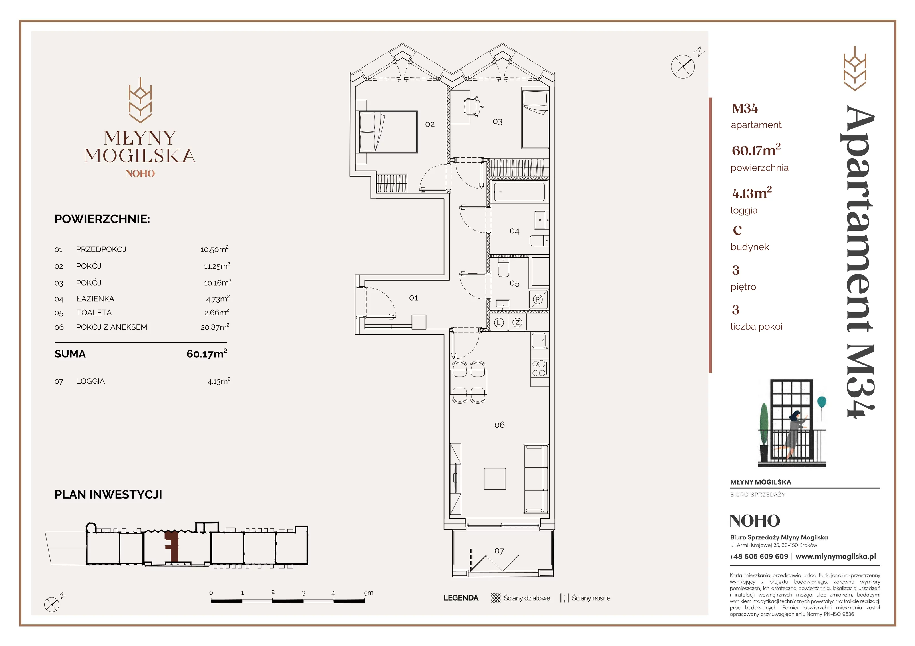 3 pokoje, apartament 60,17 m², piętro 3, oferta nr 34/C, Młyny Mogilska, Kraków, Prądnik Czerwony, Rakowice, ul. Mogilska
