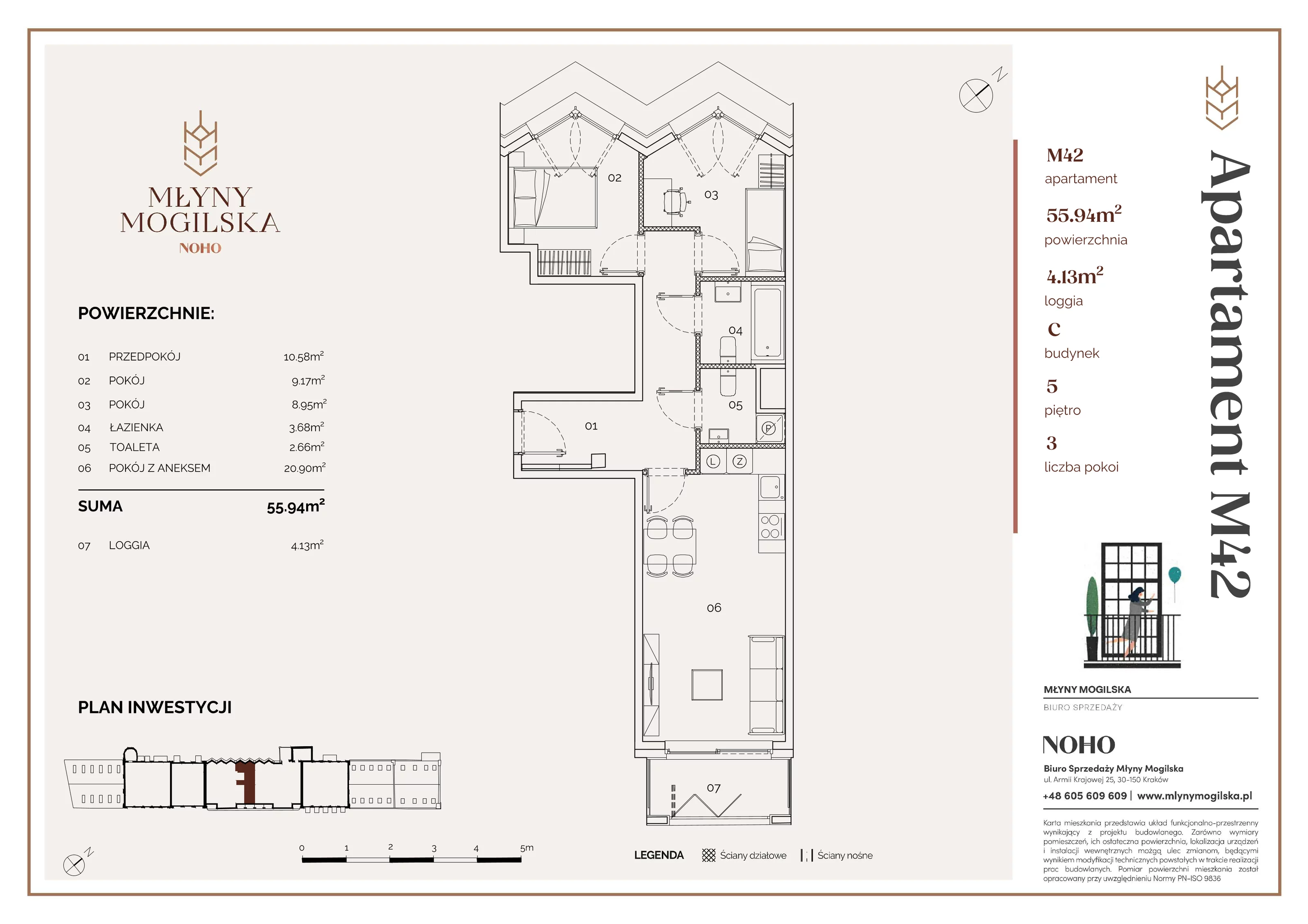 3 pokoje, apartament 55,94 m², piętro 5, oferta nr 42/C, Młyny Mogilska, Kraków, Prądnik Czerwony, Rakowice, ul. Mogilska