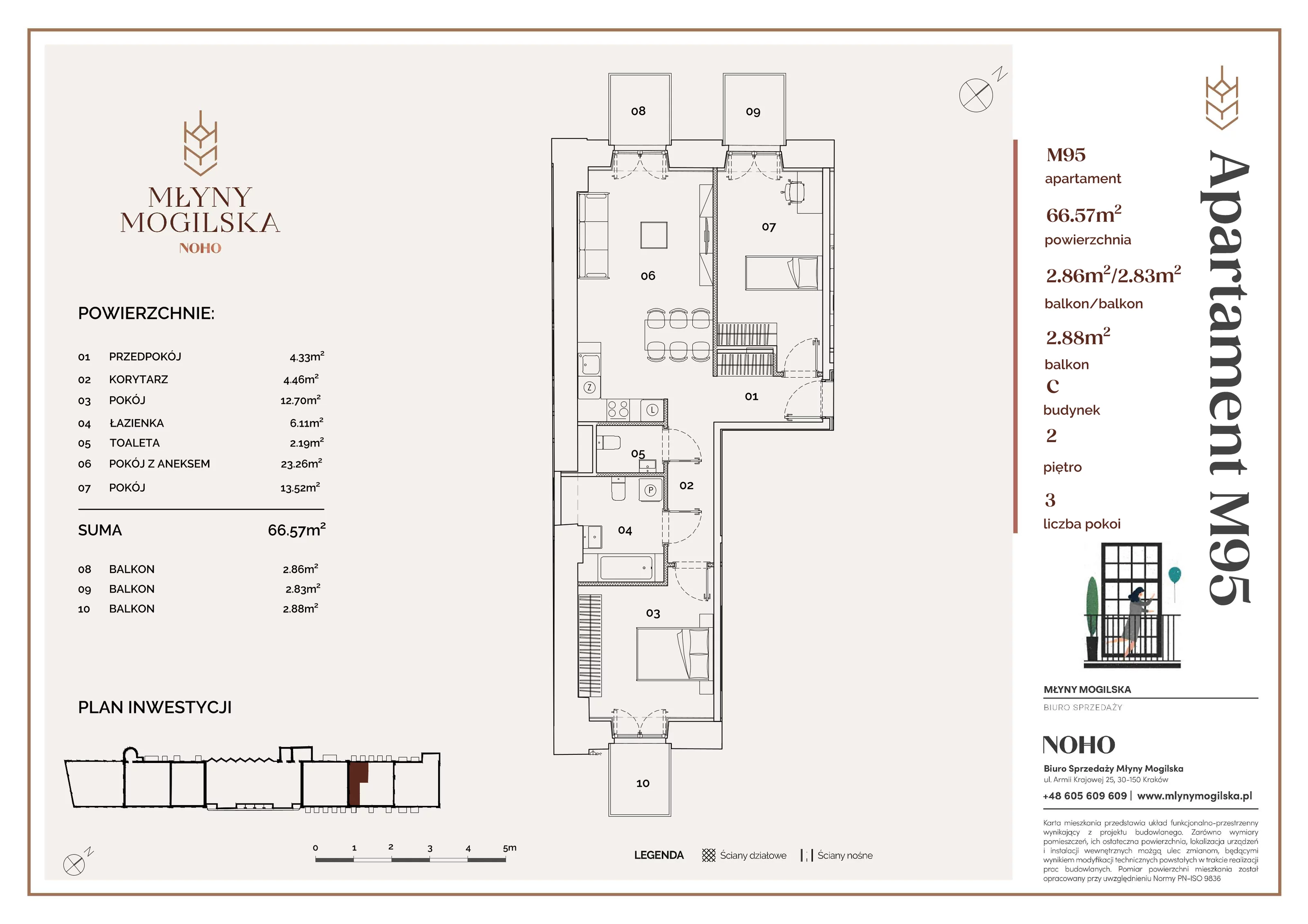 3 pokoje, apartament 66,57 m², piętro 2, oferta nr 95/C, Młyny Mogilska, Kraków, Prądnik Czerwony, Rakowice, ul. Mogilska