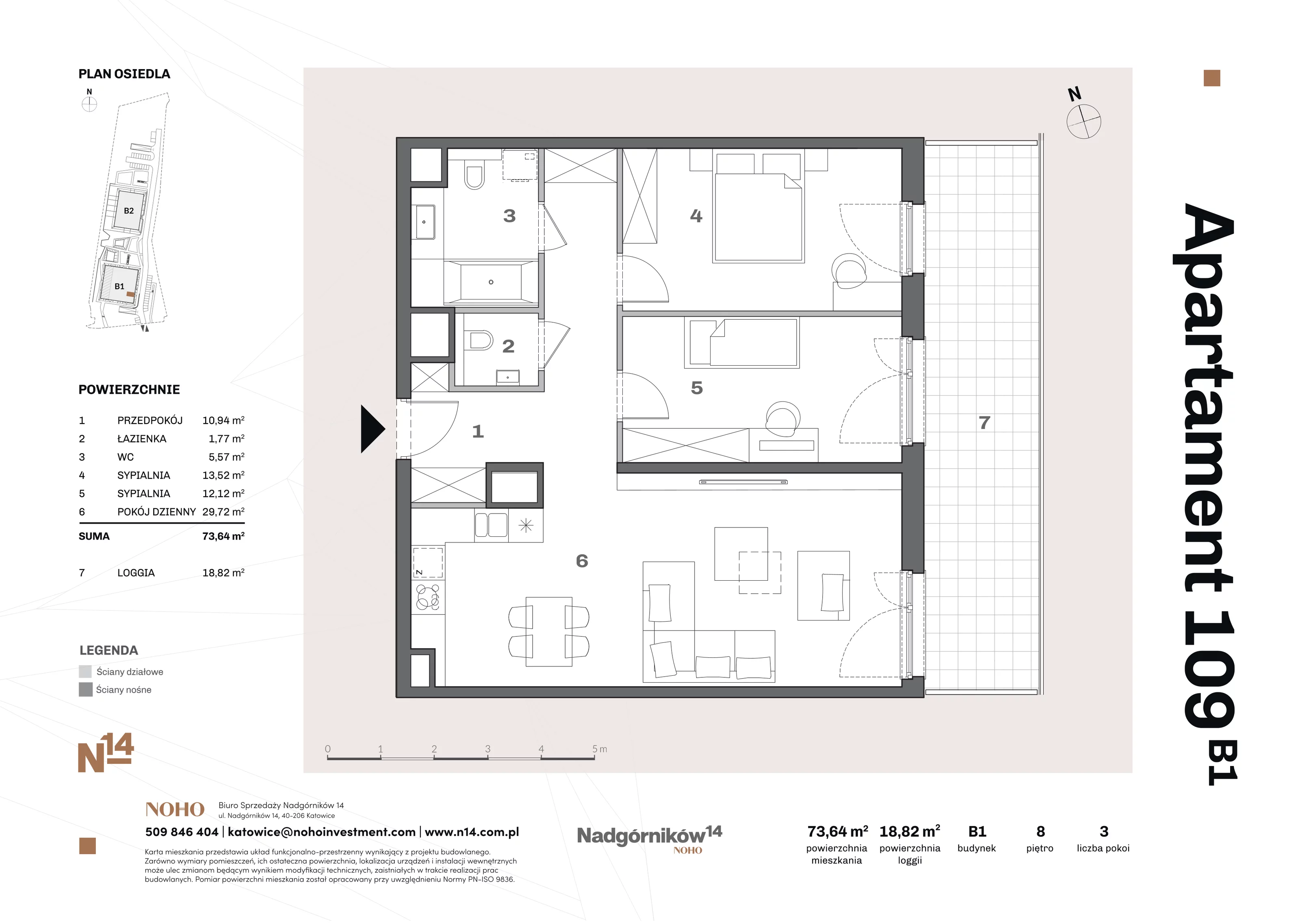 3 pokoje, apartament 74,13 m², piętro 8, oferta nr 109, Nadgórników 14, Katowice, Bogucice, ul. Nadgórników 14