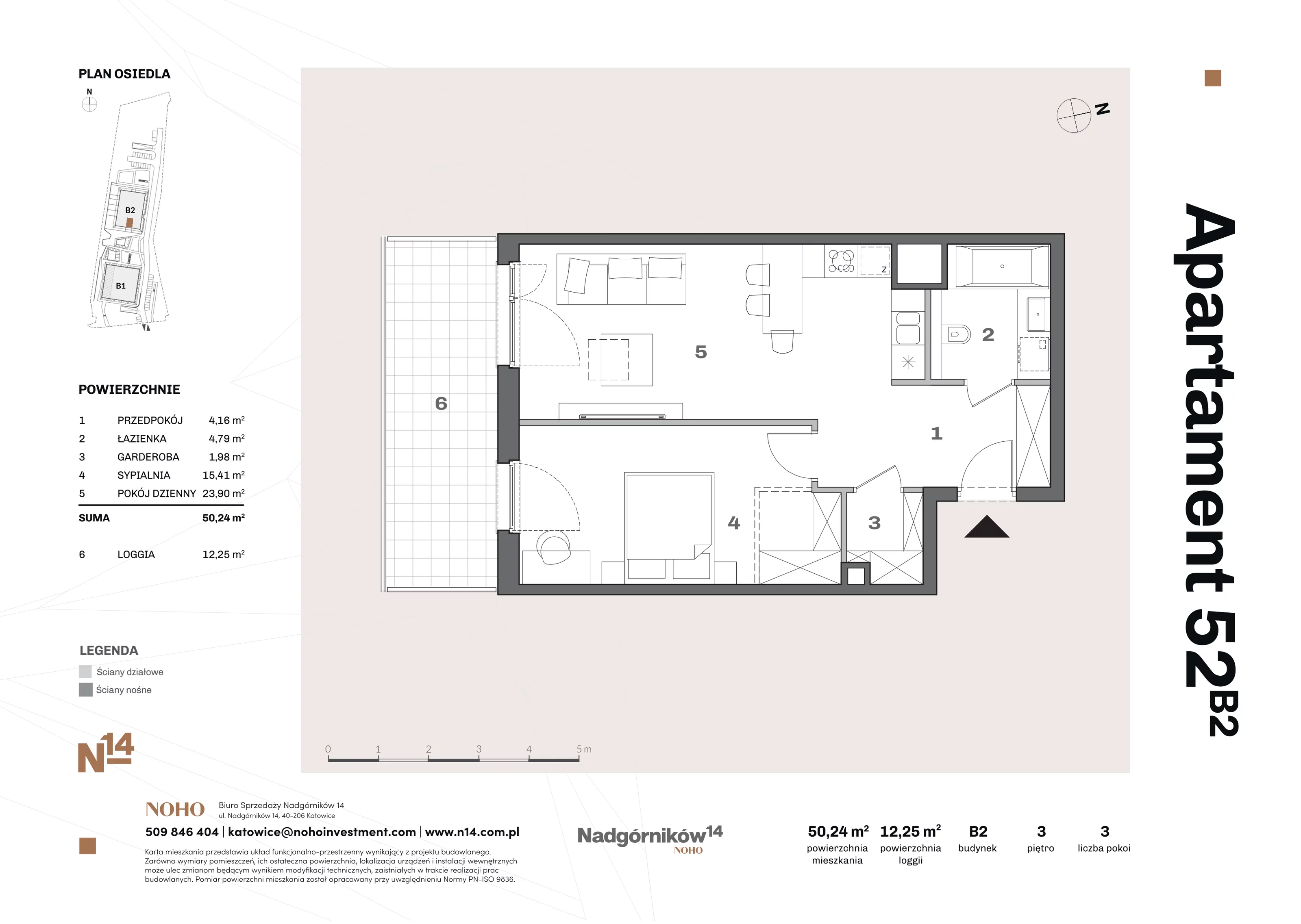 2 pokoje, apartament 50,71 m², piętro 3, oferta nr 52, Nadgórników 14, Katowice, Bogucice, ul. Nadgórników 14