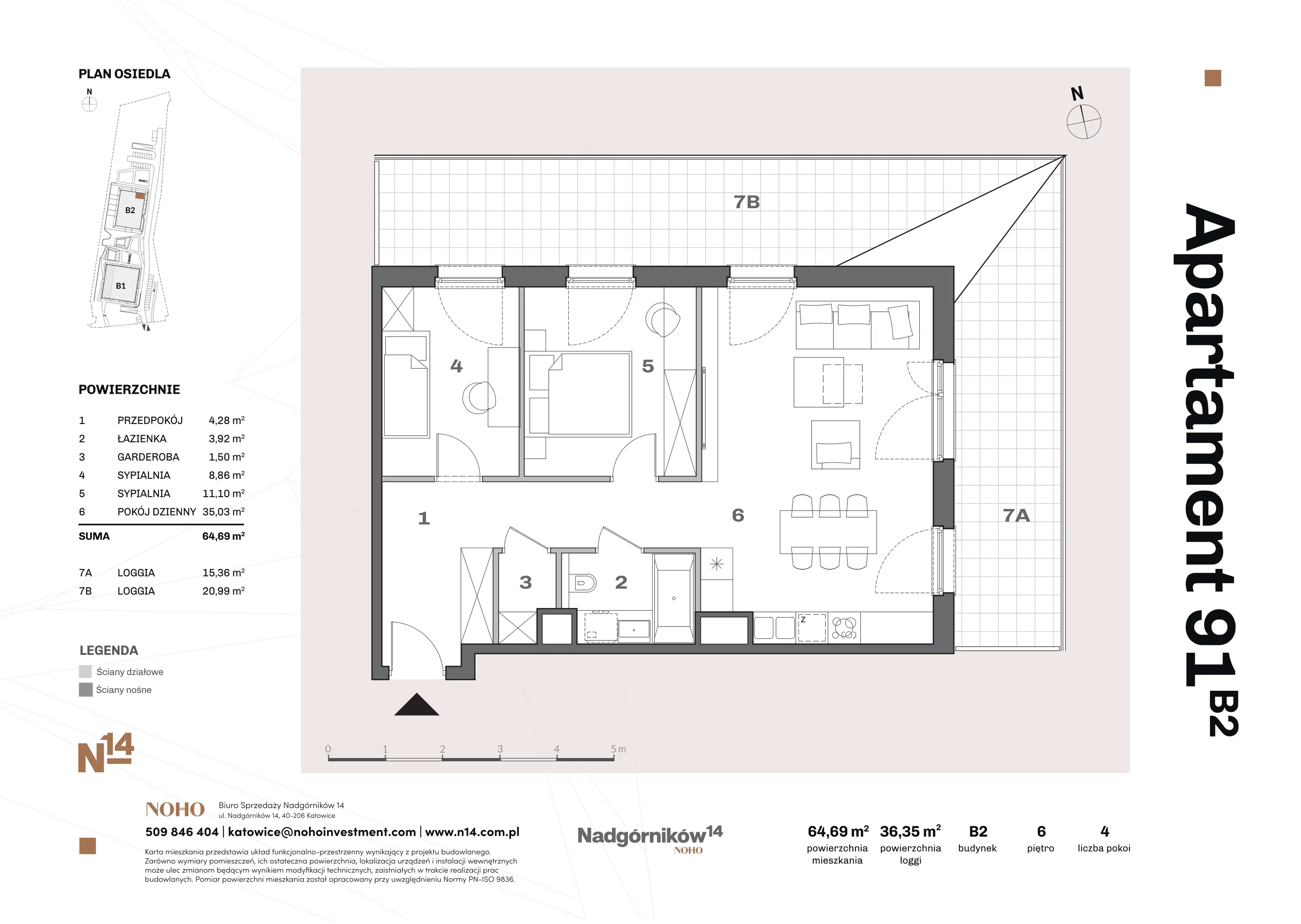 3 pokoje, apartament 65,46 m², piętro 6, oferta nr 91, Nadgórników 14, Katowice, Bogucice, ul. Nadgórników 14