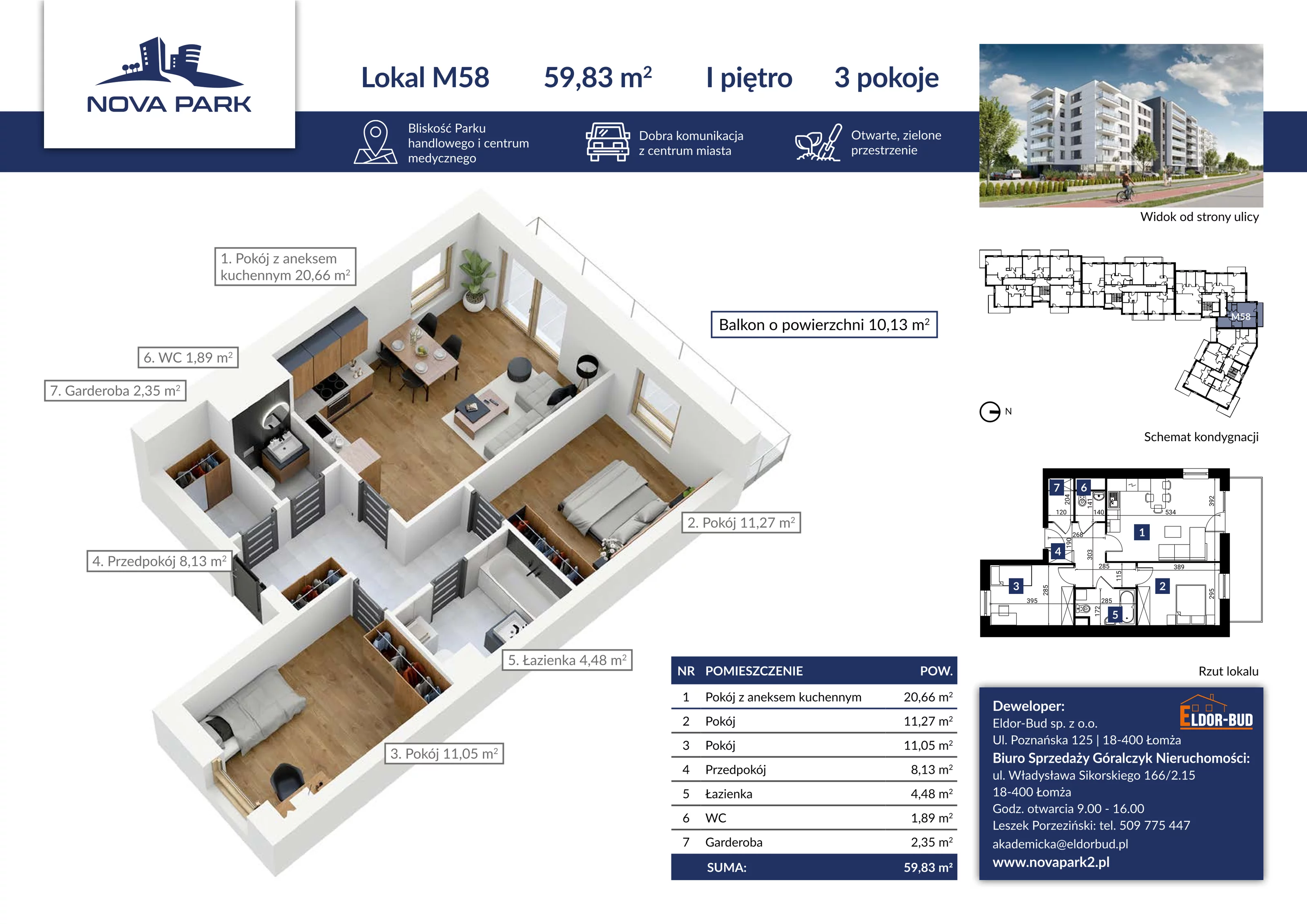 Mieszkanie 59,83 m², piętro 1, oferta nr 58, Nova Park II, Łomża, Południe, ul. Akademicka