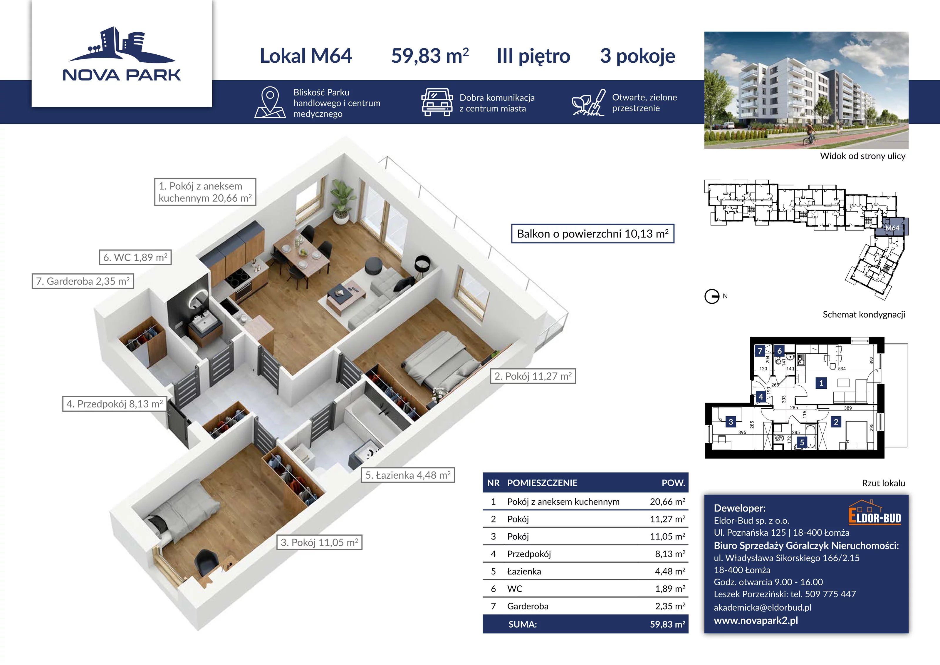 Mieszkanie 59,83 m², piętro 3, oferta nr 64, Nova Park II, Łomża, Południe, ul. Akademicka