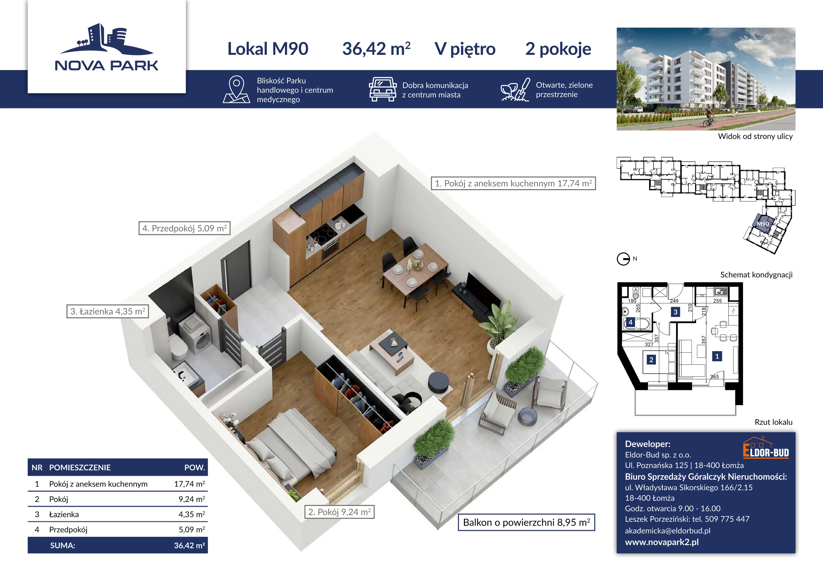 Mieszkanie 36,42 m², piętro 5, oferta nr 90, Nova Park II, Łomża, Południe, ul. Akademicka