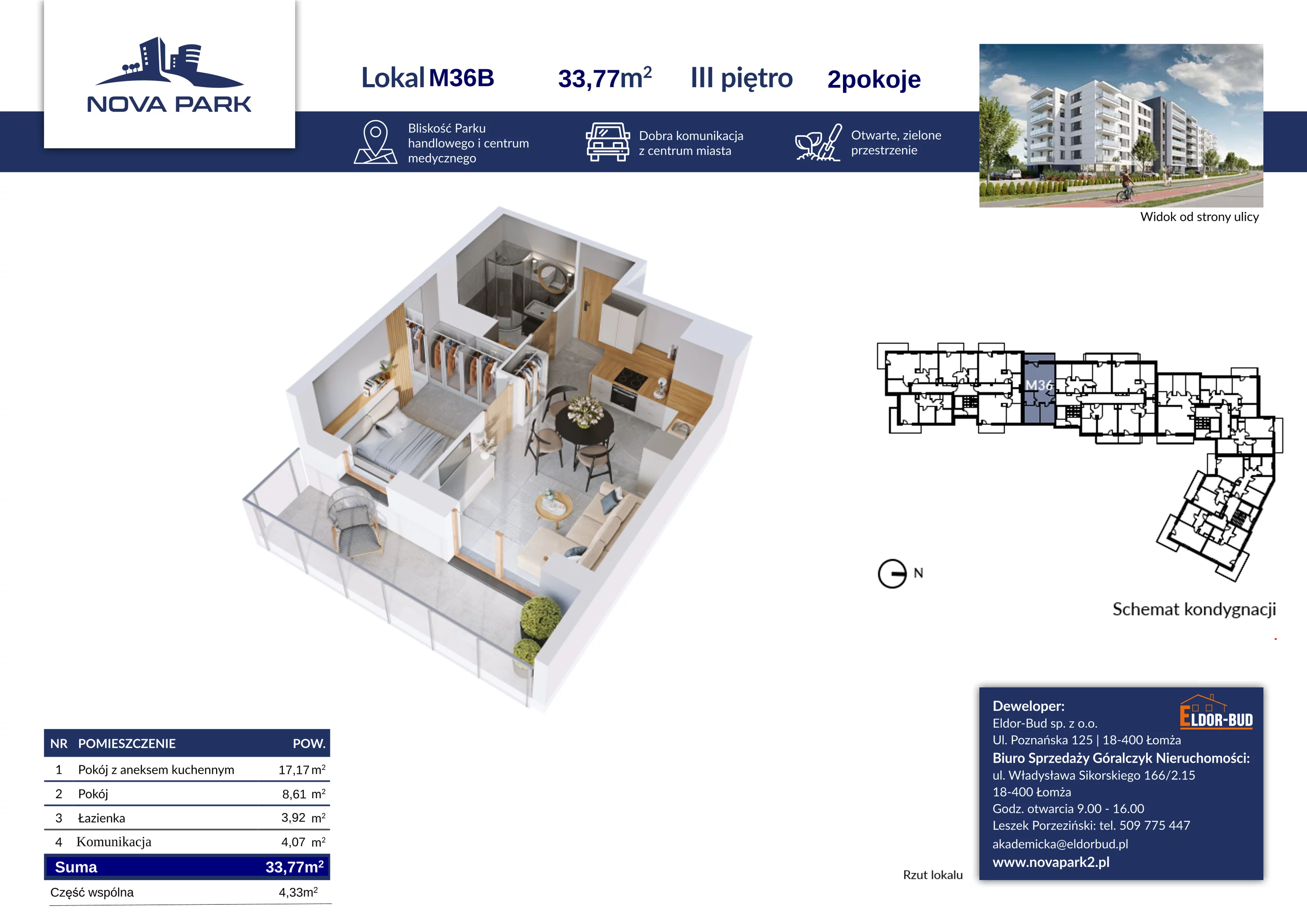 Mieszkanie 33,77 m², piętro 3, oferta nr 36B, Nova Park II, Łomża, Południe, ul. Akademicka