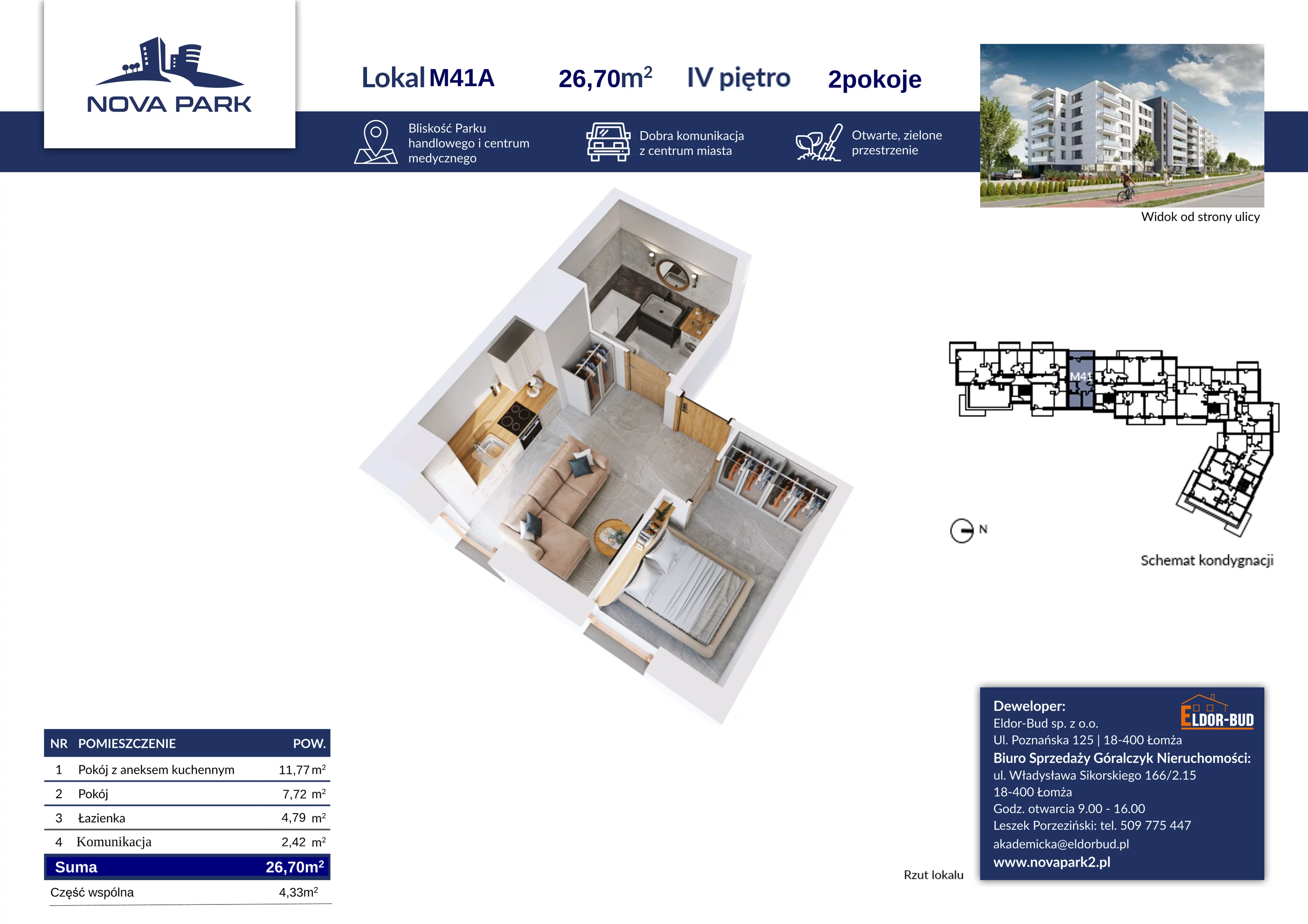 Mieszkanie 26,70 m², piętro 4, oferta nr 41A, Nova Park II, Łomża, Południe, ul. Akademicka