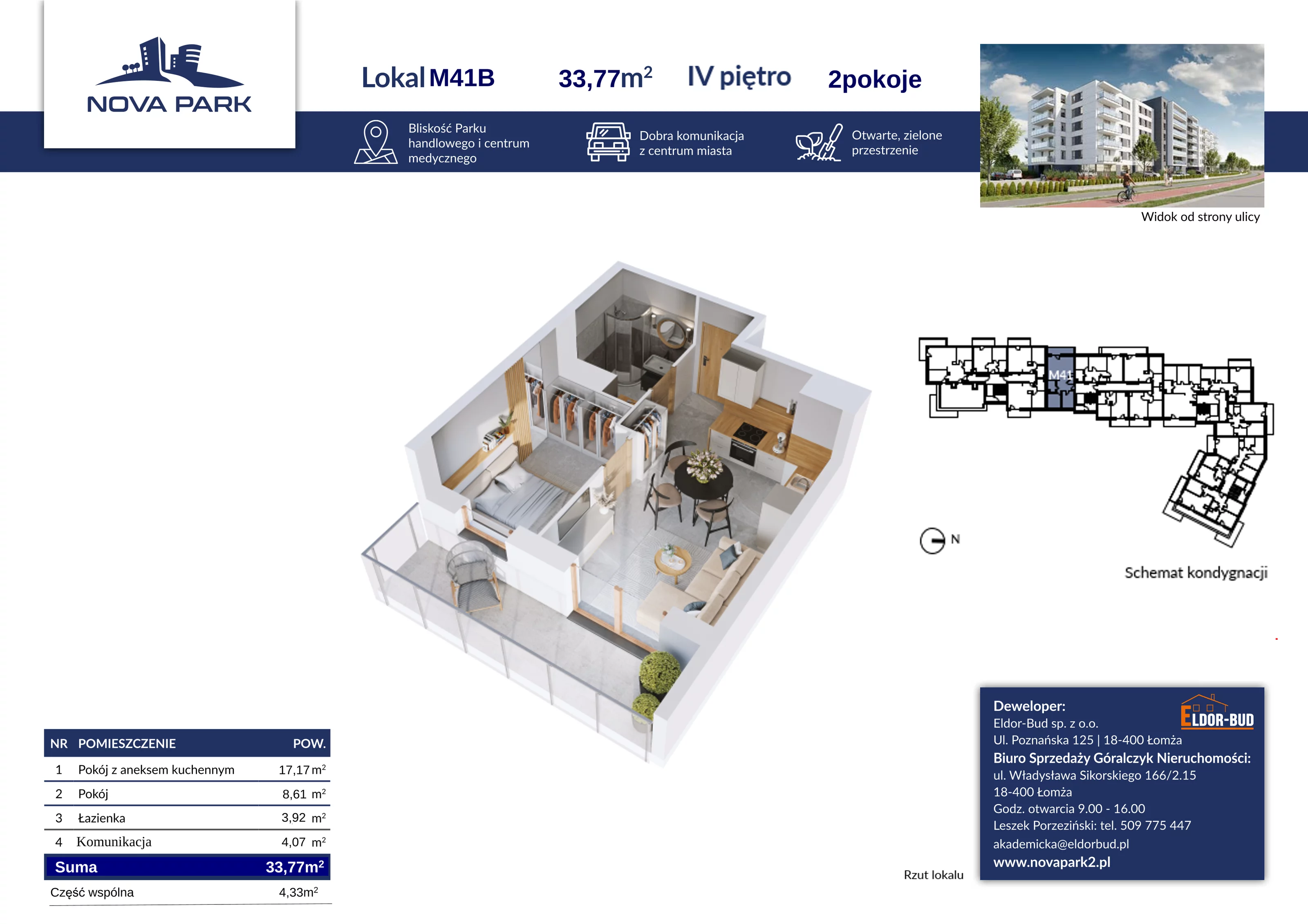 Mieszkanie 33,77 m², piętro 4, oferta nr 41B, Nova Park II, Łomża, Południe, ul. Akademicka