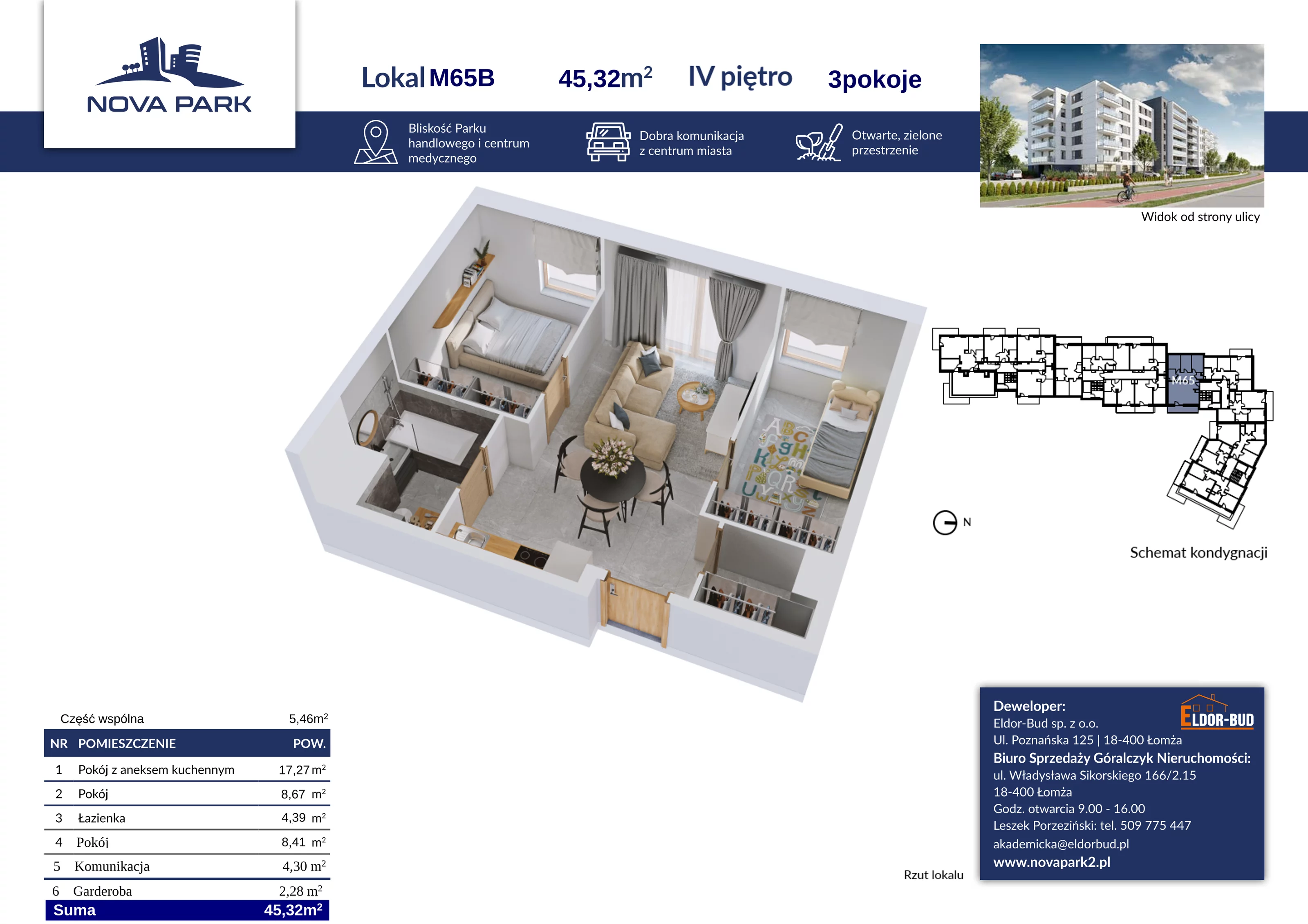 Mieszkanie 45,32 m², piętro 4, oferta nr 65B, Nova Park II, Łomża, Południe, ul. Akademicka