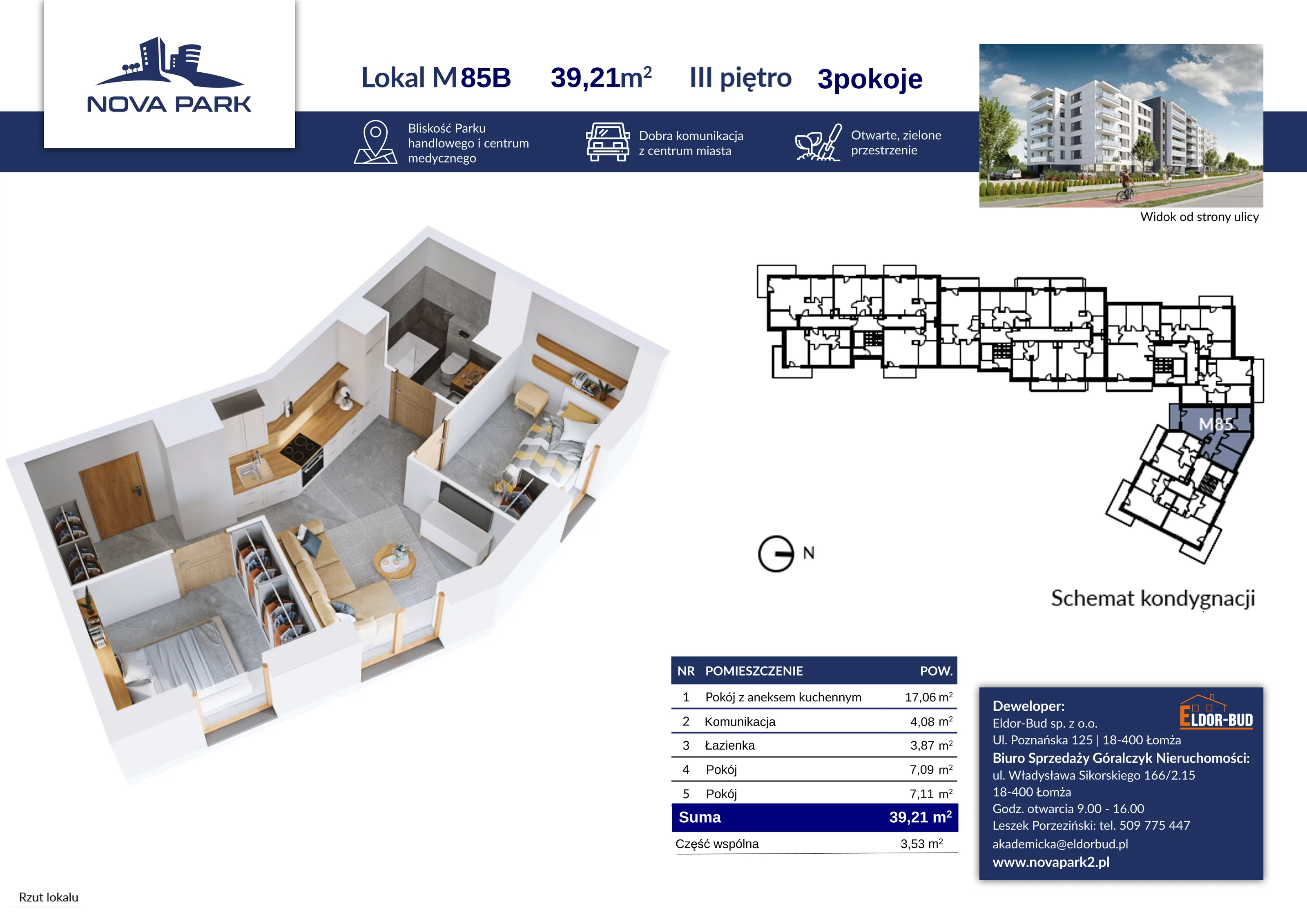 Mieszkanie 39,21 m², piętro 3, oferta nr 85B, Nova Park II, Łomża, Południe, ul. Akademicka