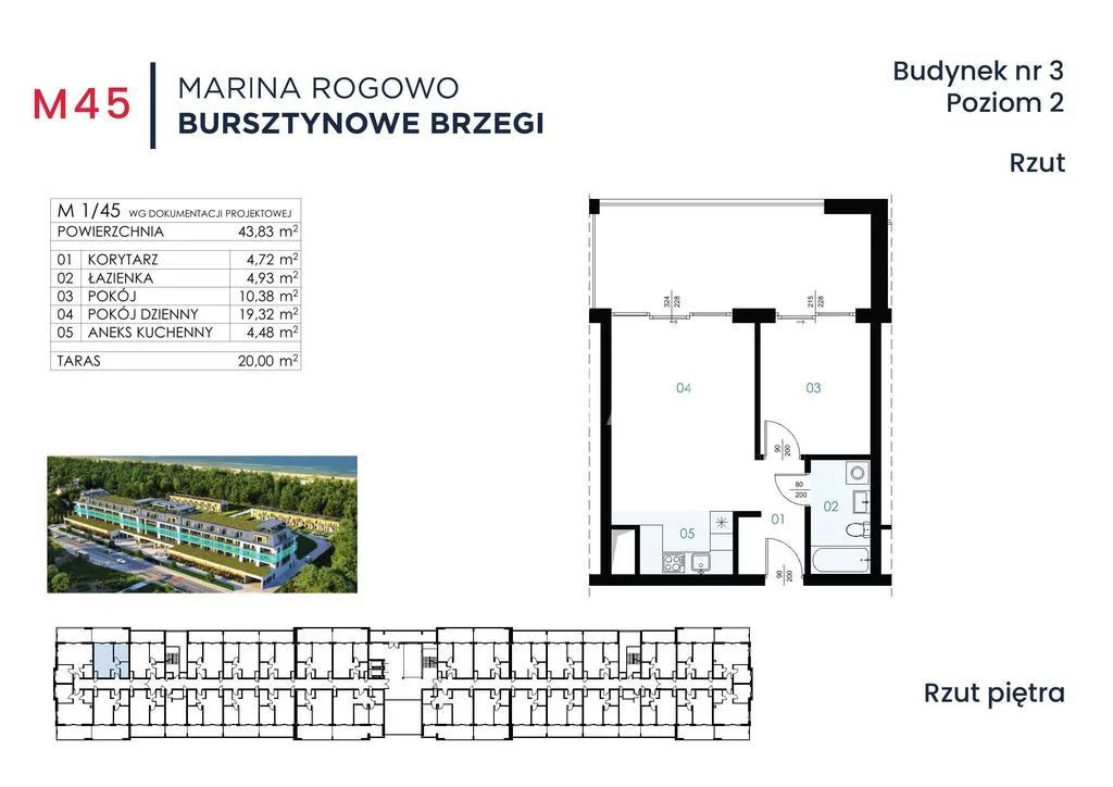 Mieszkanie dwupokojowe 43,83 m², Rogowo, Sprzedaż
