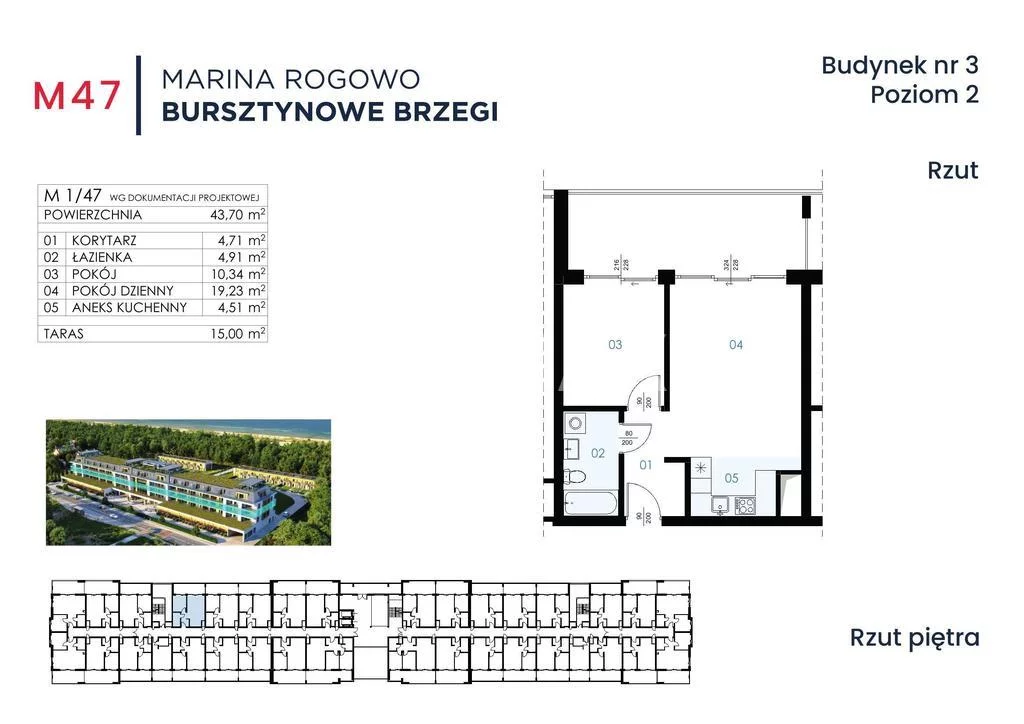 Mieszkanie dwupokojowe 43,70 m², Rogowo, Sprzedaż