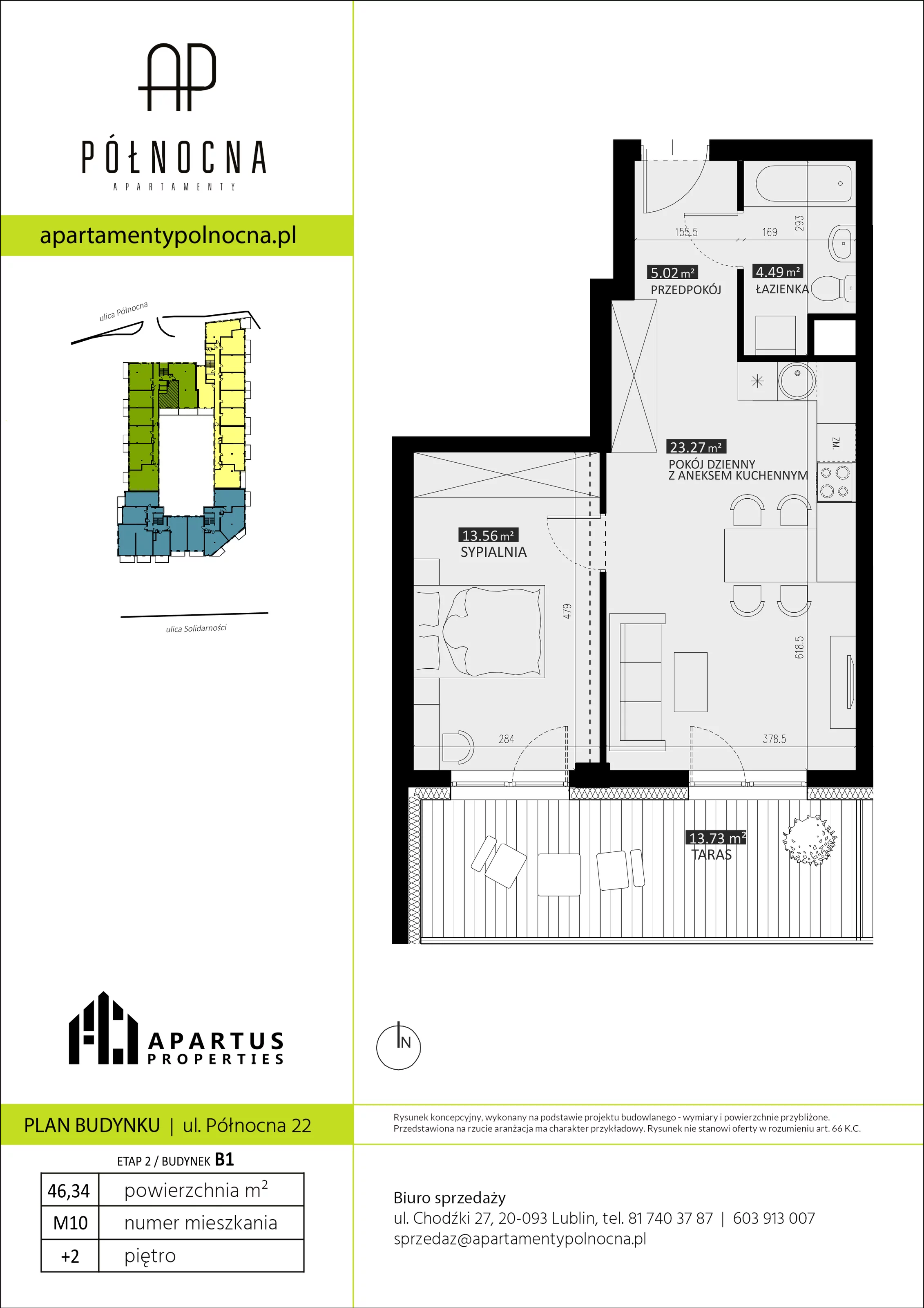 Mieszkanie 46,34 m², piętro 2, oferta nr B1/10, Apartamenty Północna, Lublin, Śródmieście, Śródmieście, ul. Północna 22/24