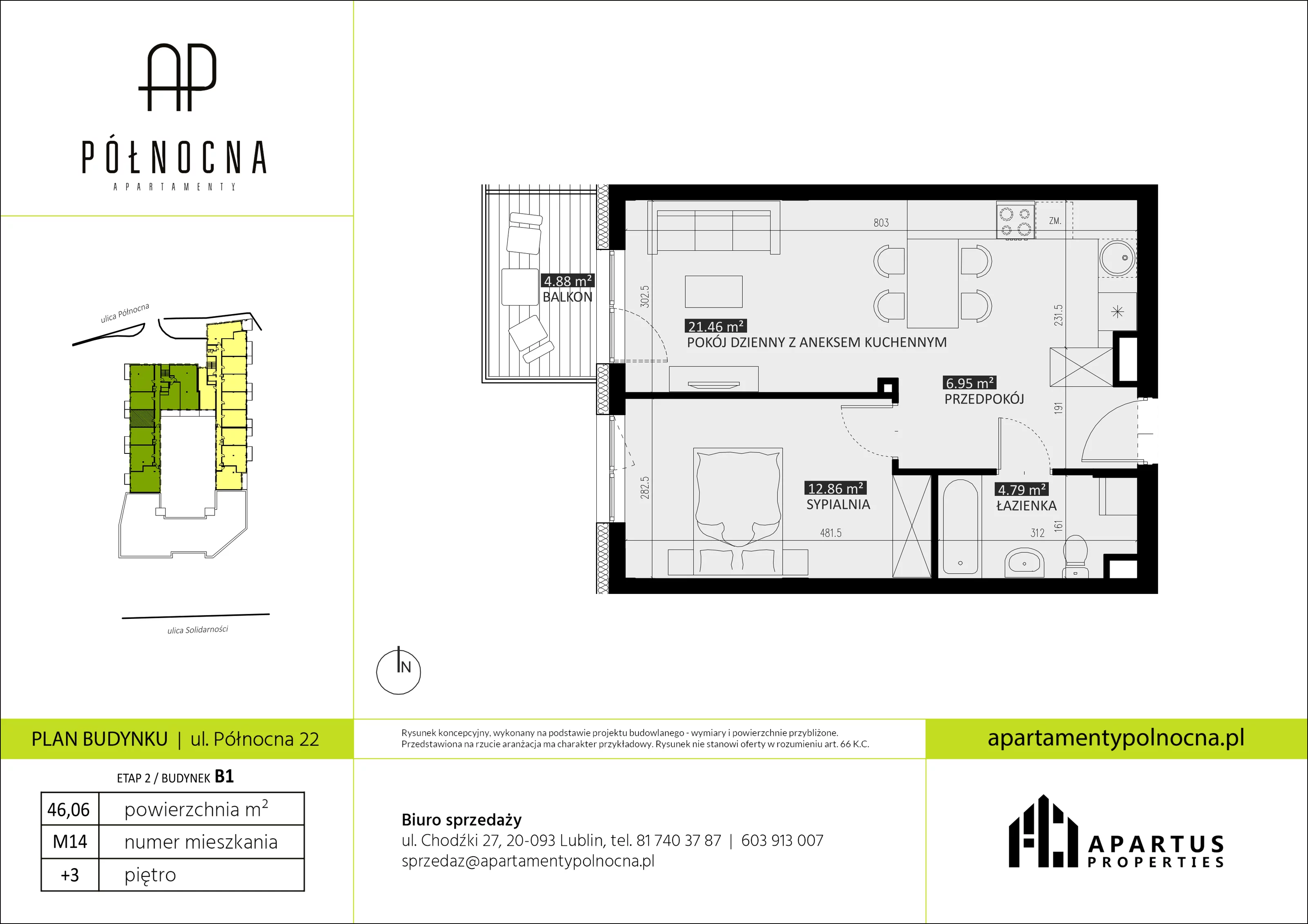 Mieszkanie 46,06 m², piętro 3, oferta nr B1/14, Apartamenty Północna, Lublin, Śródmieście, Śródmieście, ul. Północna 22/24