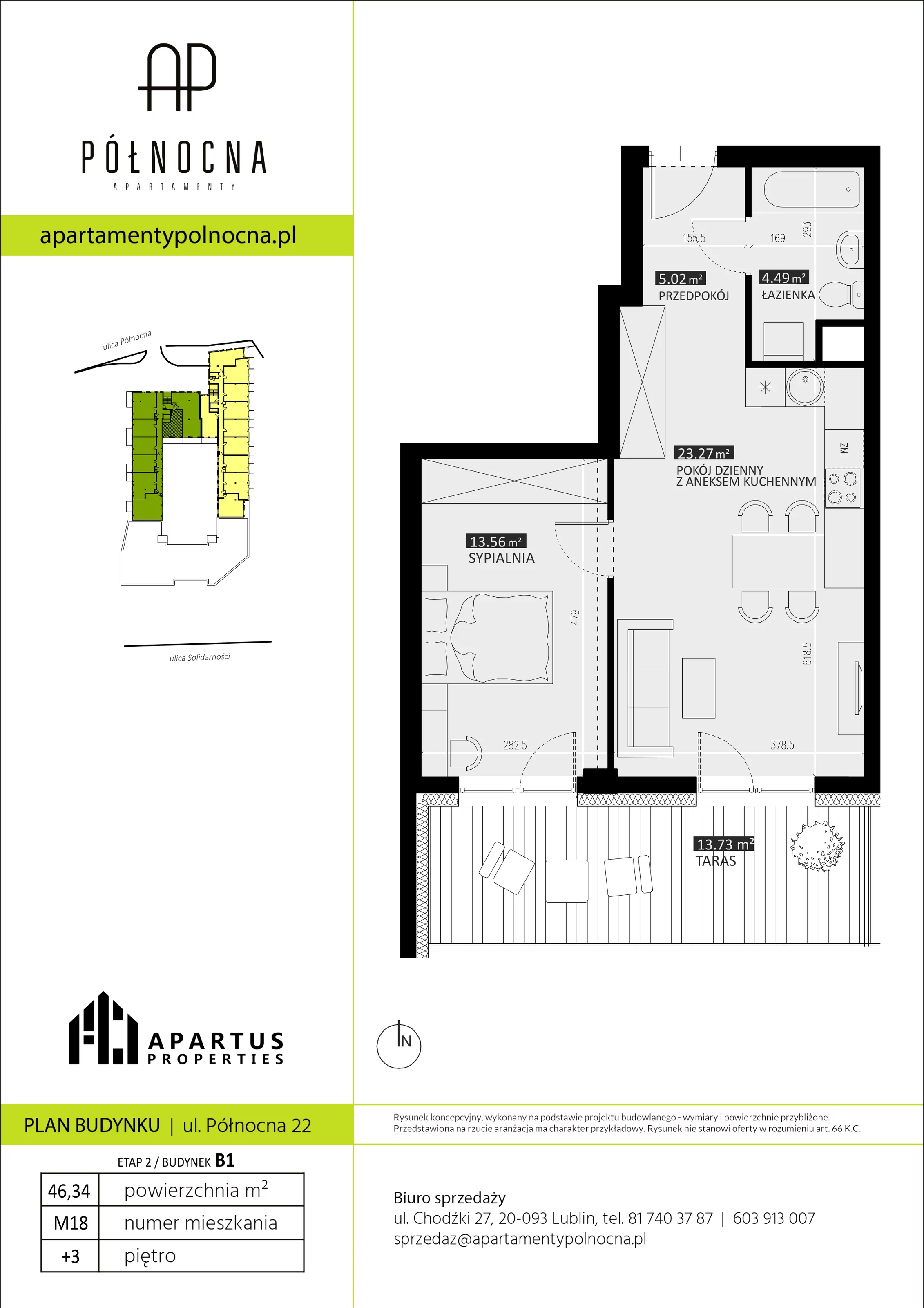 Mieszkanie 46,34 m², piętro 3, oferta nr B1/18, Apartamenty Północna, Lublin, Śródmieście, Śródmieście, ul. Północna 22/24