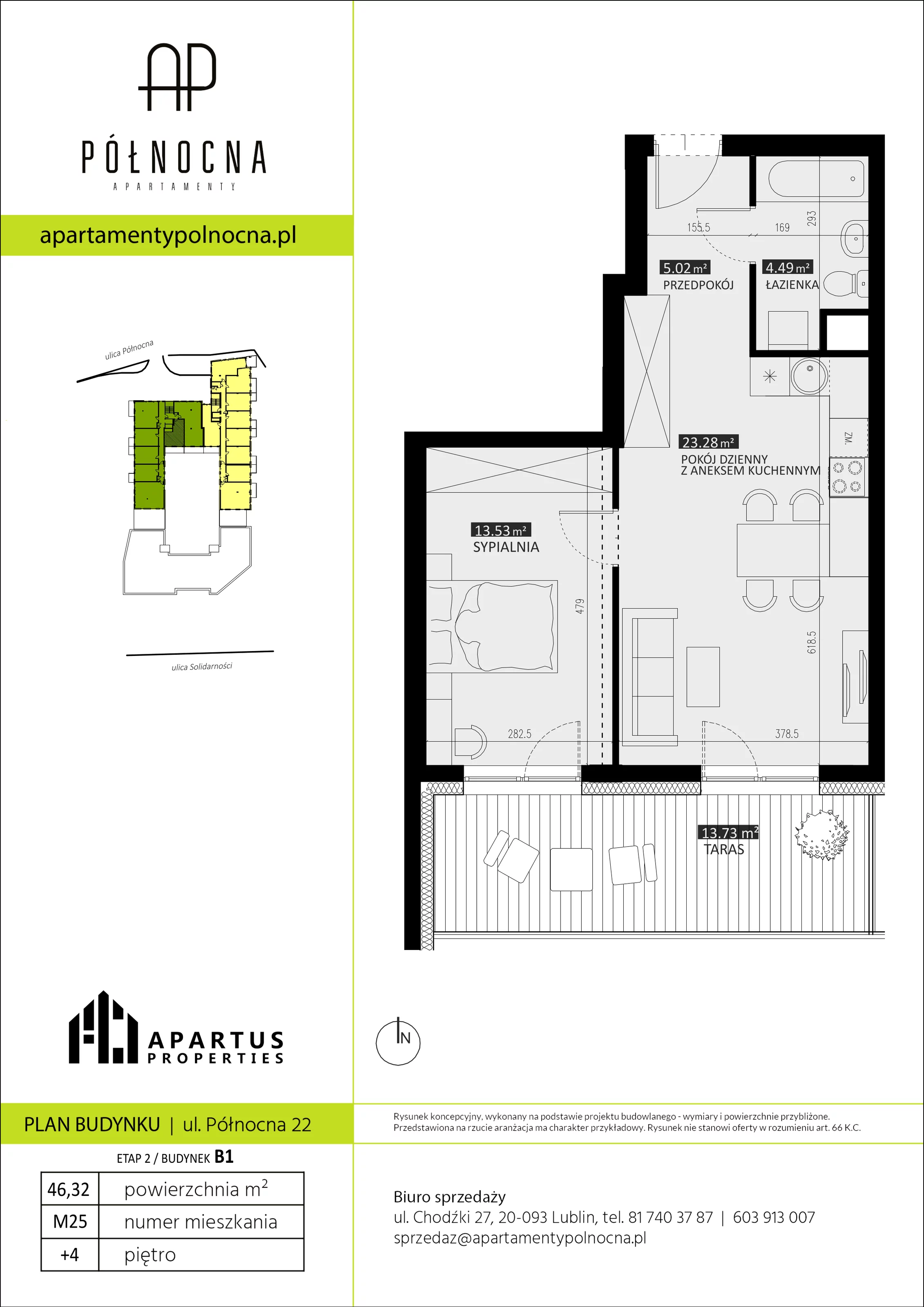 Mieszkanie 46,32 m², piętro 4, oferta nr B1/25, Apartamenty Północna, Lublin, Śródmieście, Śródmieście, ul. Północna 22/24