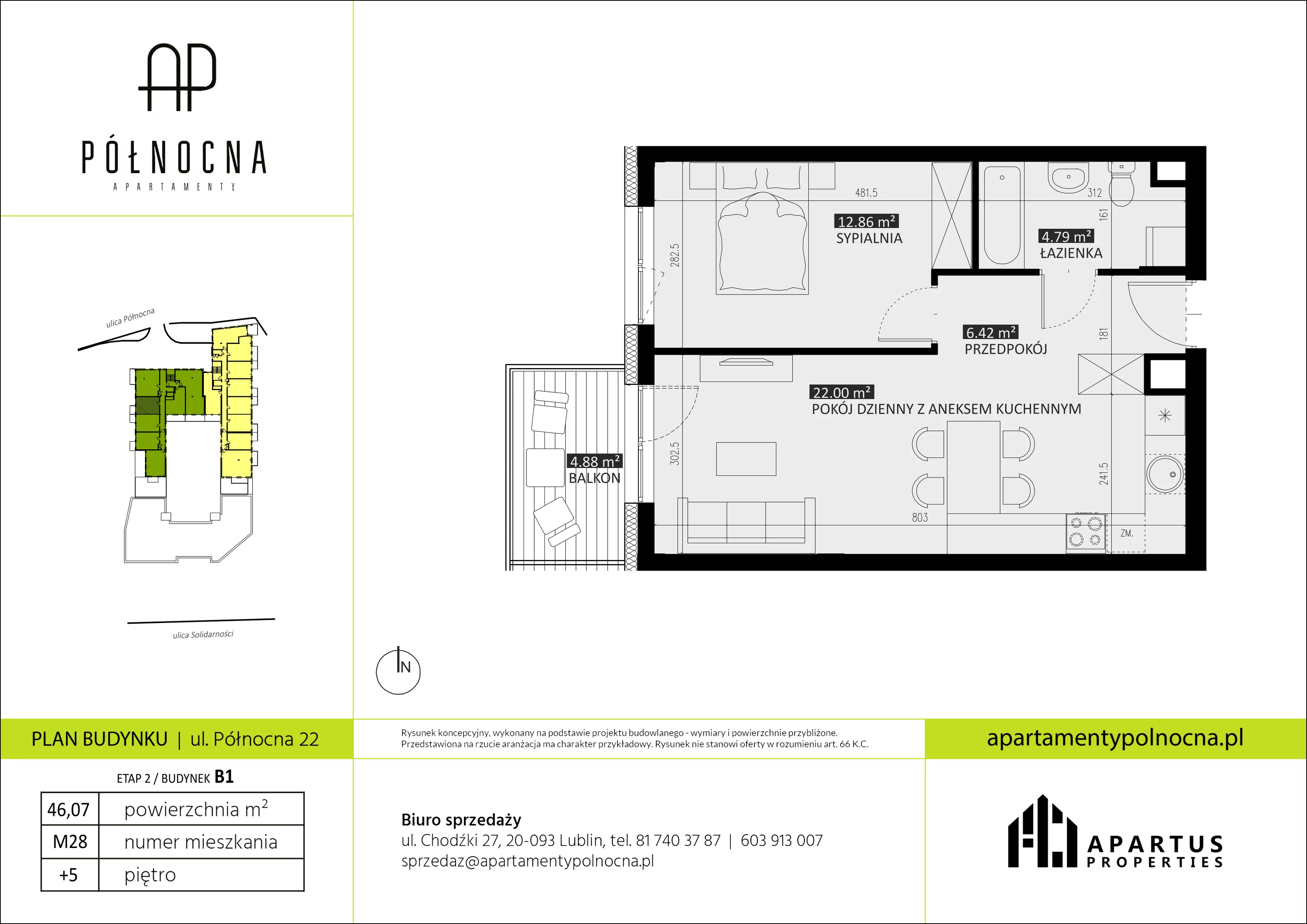 Mieszkanie 46,07 m², piętro 5, oferta nr B1/28, Apartamenty Północna, Lublin, Śródmieście, Śródmieście, ul. Północna 22/24