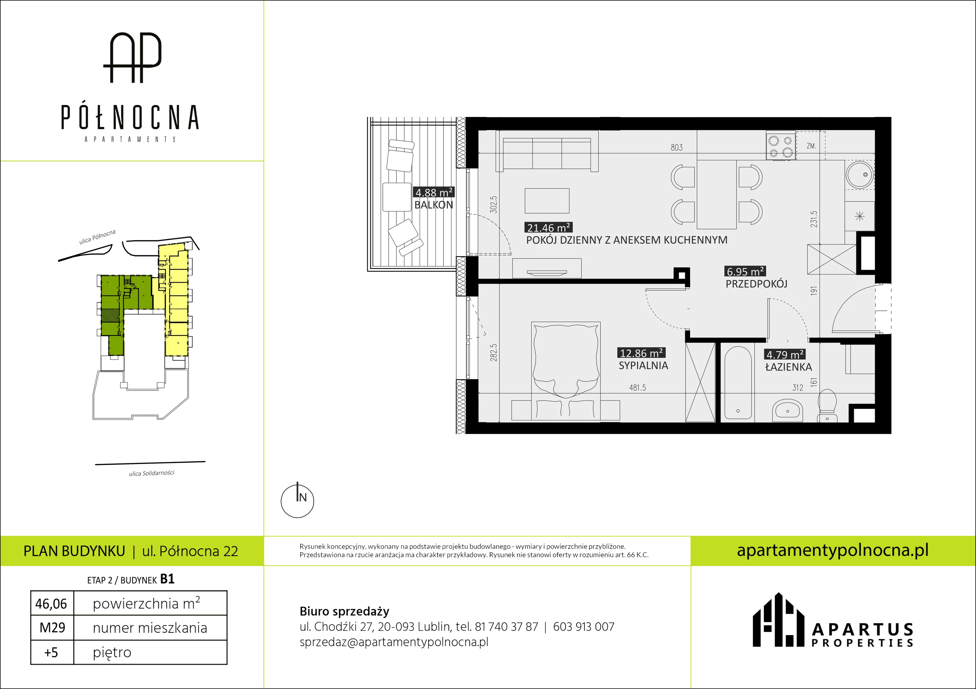 Mieszkanie 46,06 m², piętro 5, oferta nr B1/29, Apartamenty Północna, Lublin, Śródmieście, Śródmieście, ul. Północna 22/24