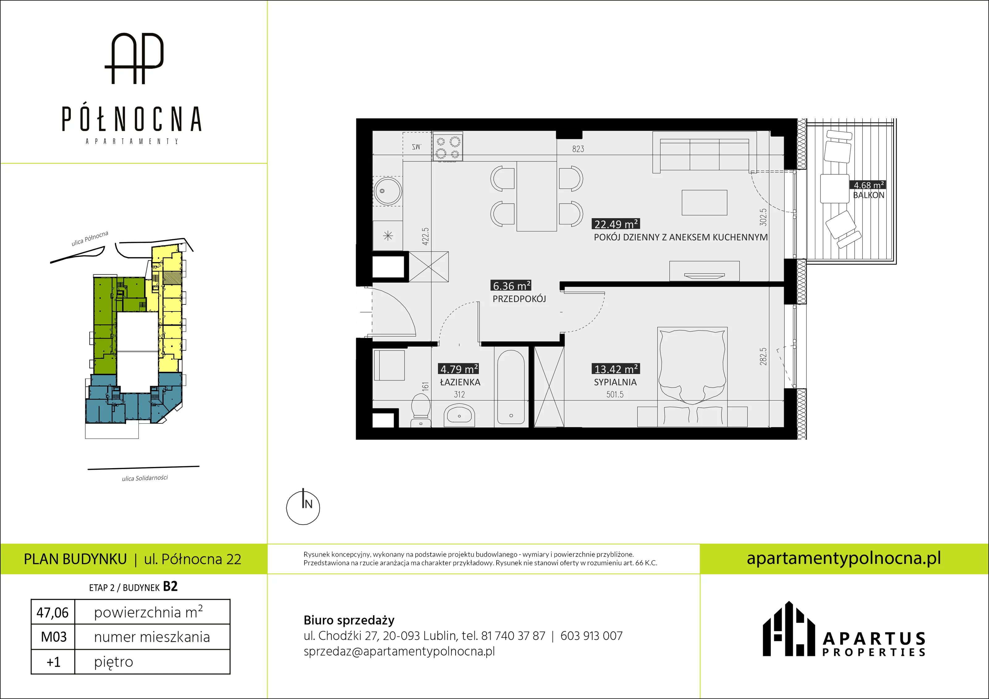 Mieszkanie 47,06 m², piętro 1, oferta nr B2/3, Apartamenty Północna, Lublin, Śródmieście, Śródmieście, ul. Północna 22/24