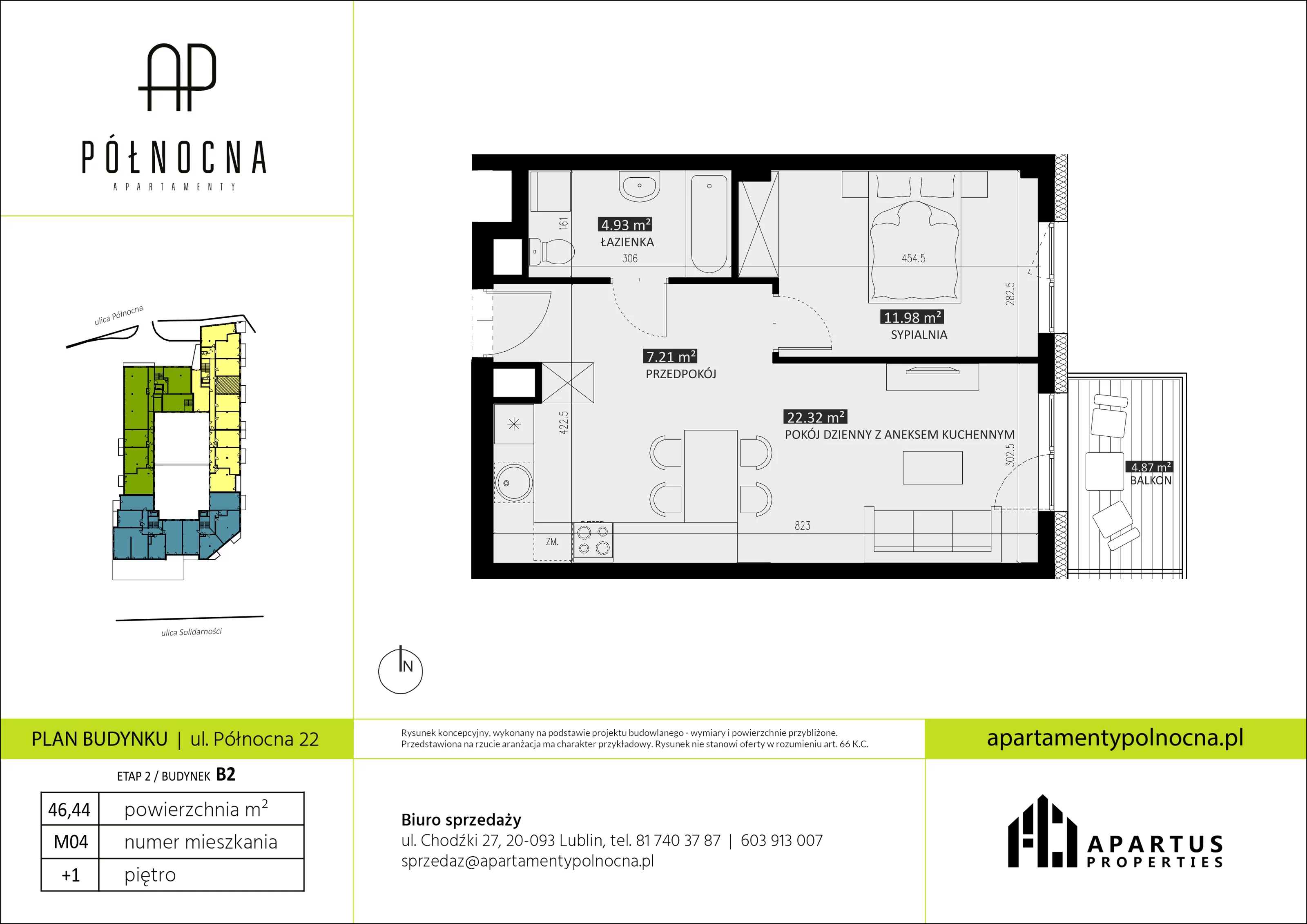 Mieszkanie 46,44 m², piętro 1, oferta nr B2/4, Apartamenty Północna, Lublin, Śródmieście, Śródmieście, ul. Północna 22/24