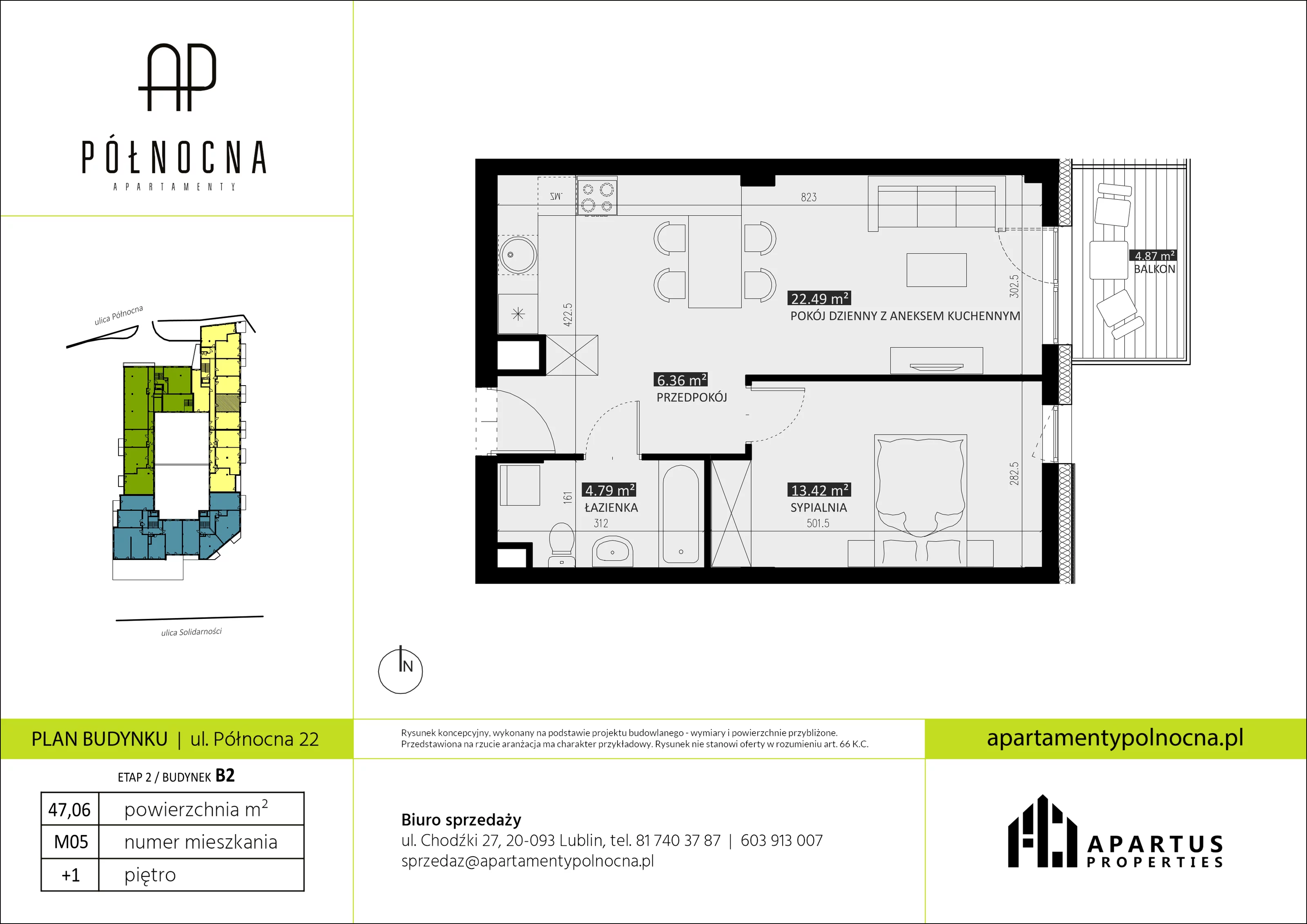 Mieszkanie 47,06 m², piętro 1, oferta nr B2/5, Apartamenty Północna, Lublin, Śródmieście, Śródmieście, ul. Północna 22/24