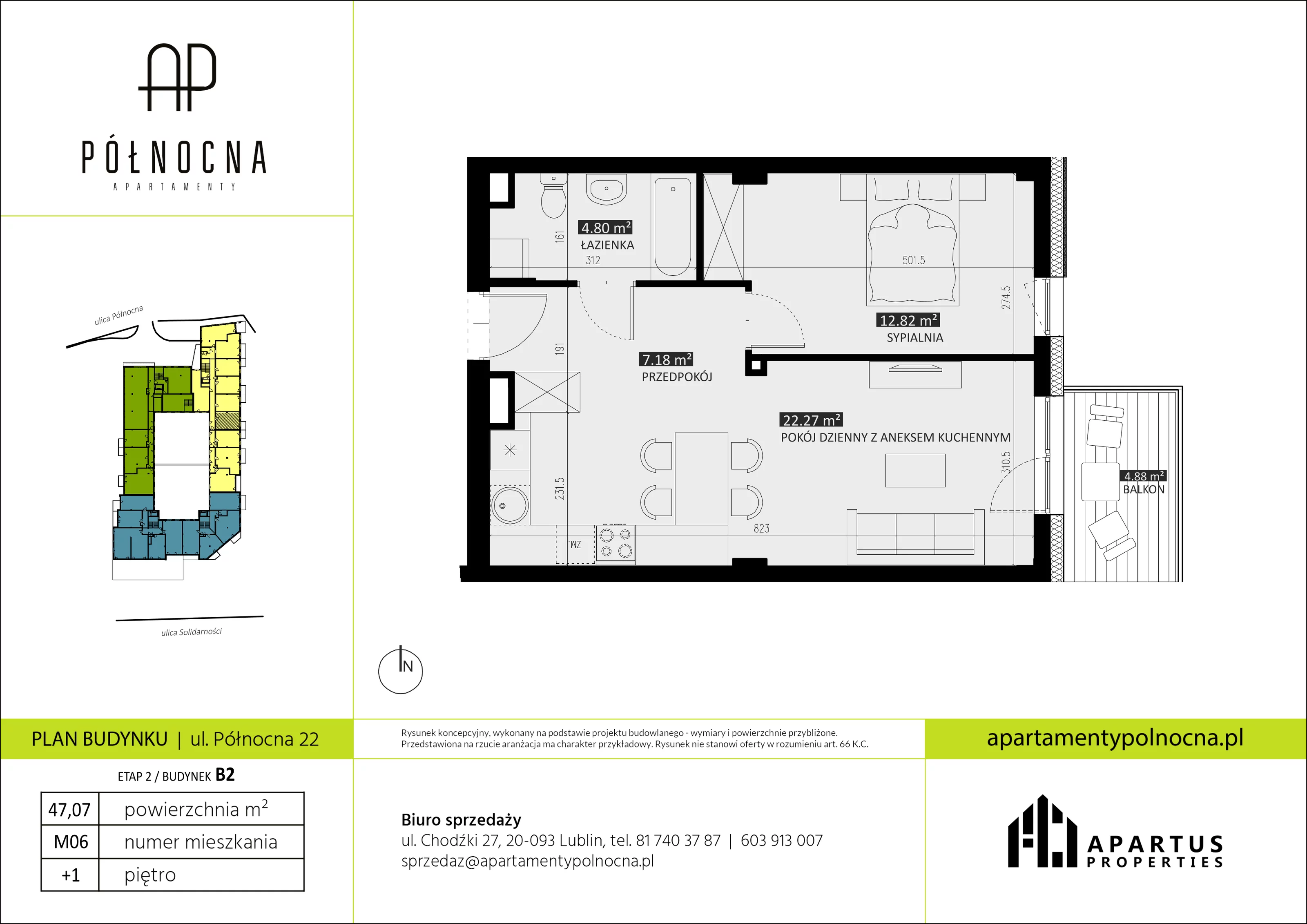 Mieszkanie 47,07 m², piętro 1, oferta nr B2/6, Apartamenty Północna, Lublin, Śródmieście, Śródmieście, ul. Północna 22/24