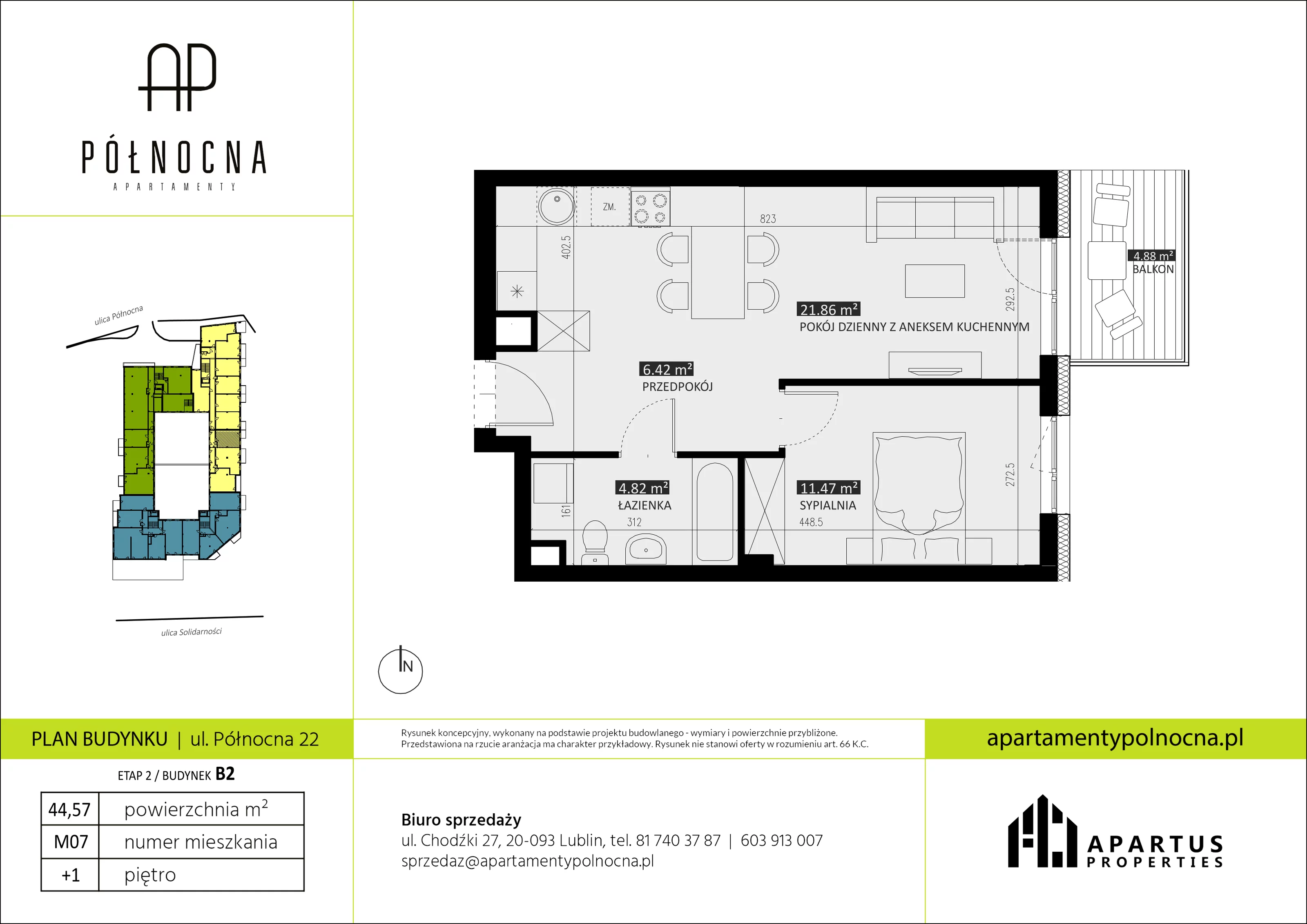 Mieszkanie 44,57 m², piętro 1, oferta nr B2/7, Apartamenty Północna, Lublin, Śródmieście, Śródmieście, ul. Północna 22/24