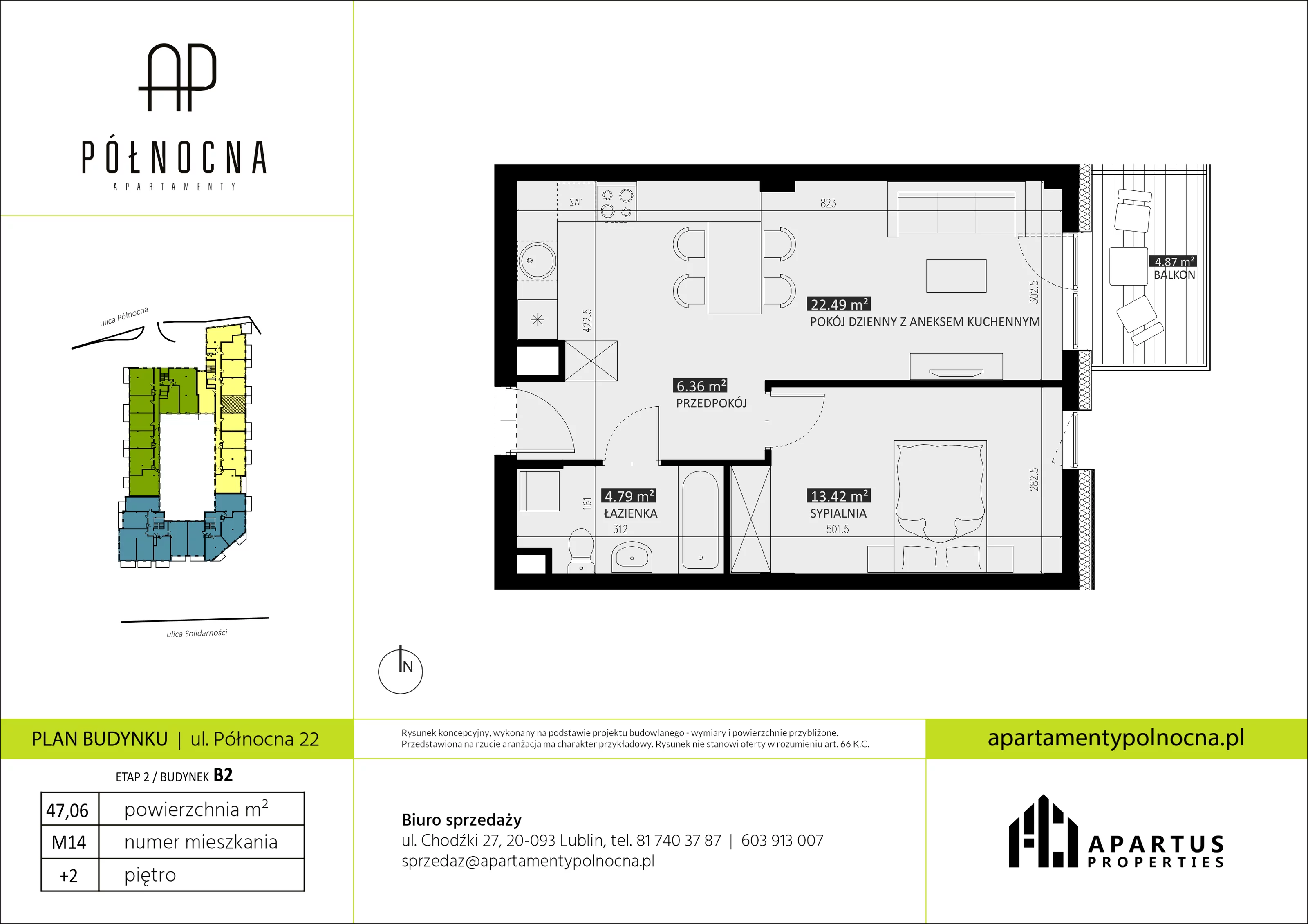 Mieszkanie 47,06 m², piętro 2, oferta nr B2/14, Apartamenty Północna, Lublin, Śródmieście, Śródmieście, ul. Północna 22/24