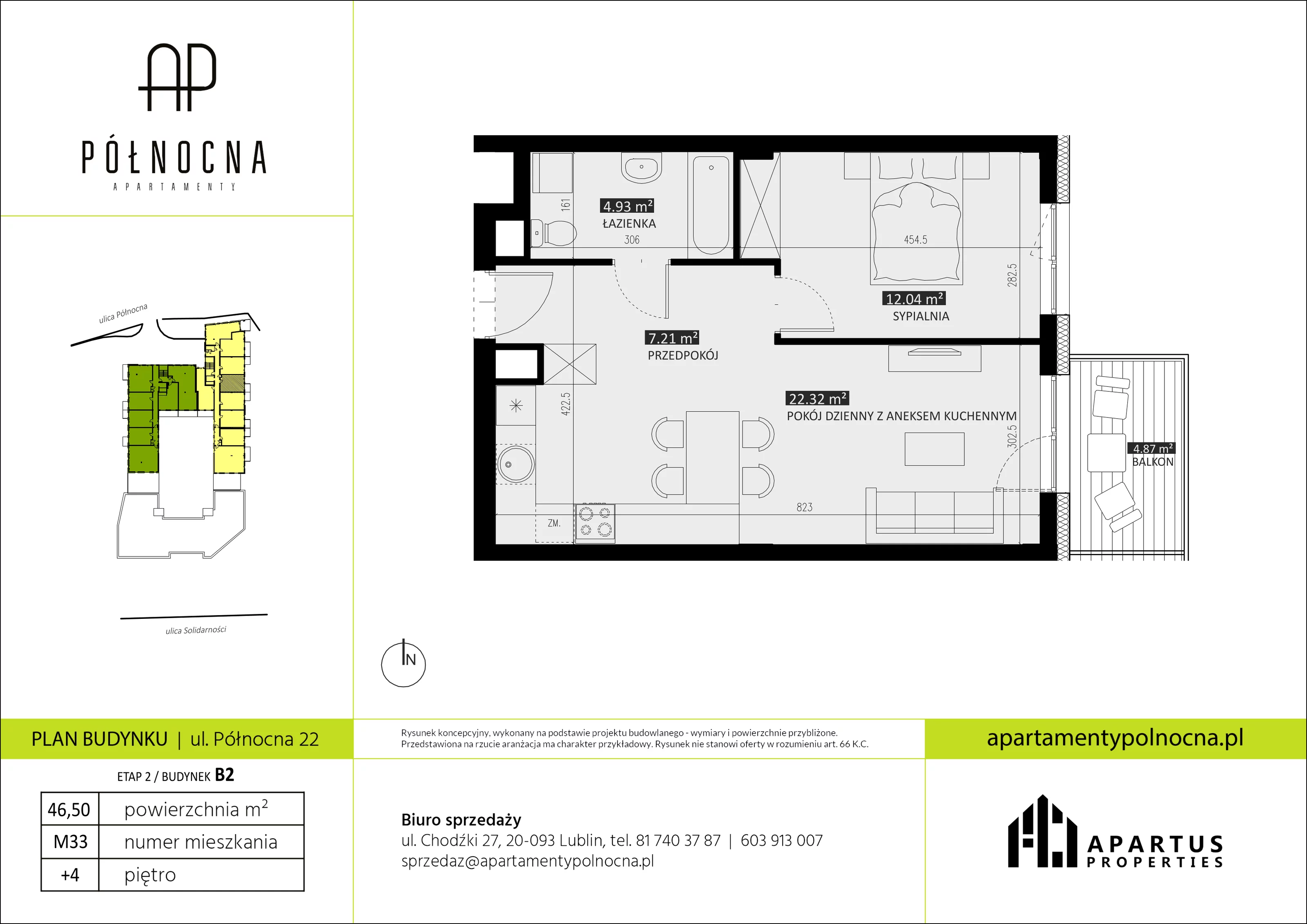 Mieszkanie 46,50 m², piętro 4, oferta nr B2/33, Apartamenty Północna, Lublin, Śródmieście, Śródmieście, ul. Północna 22/24