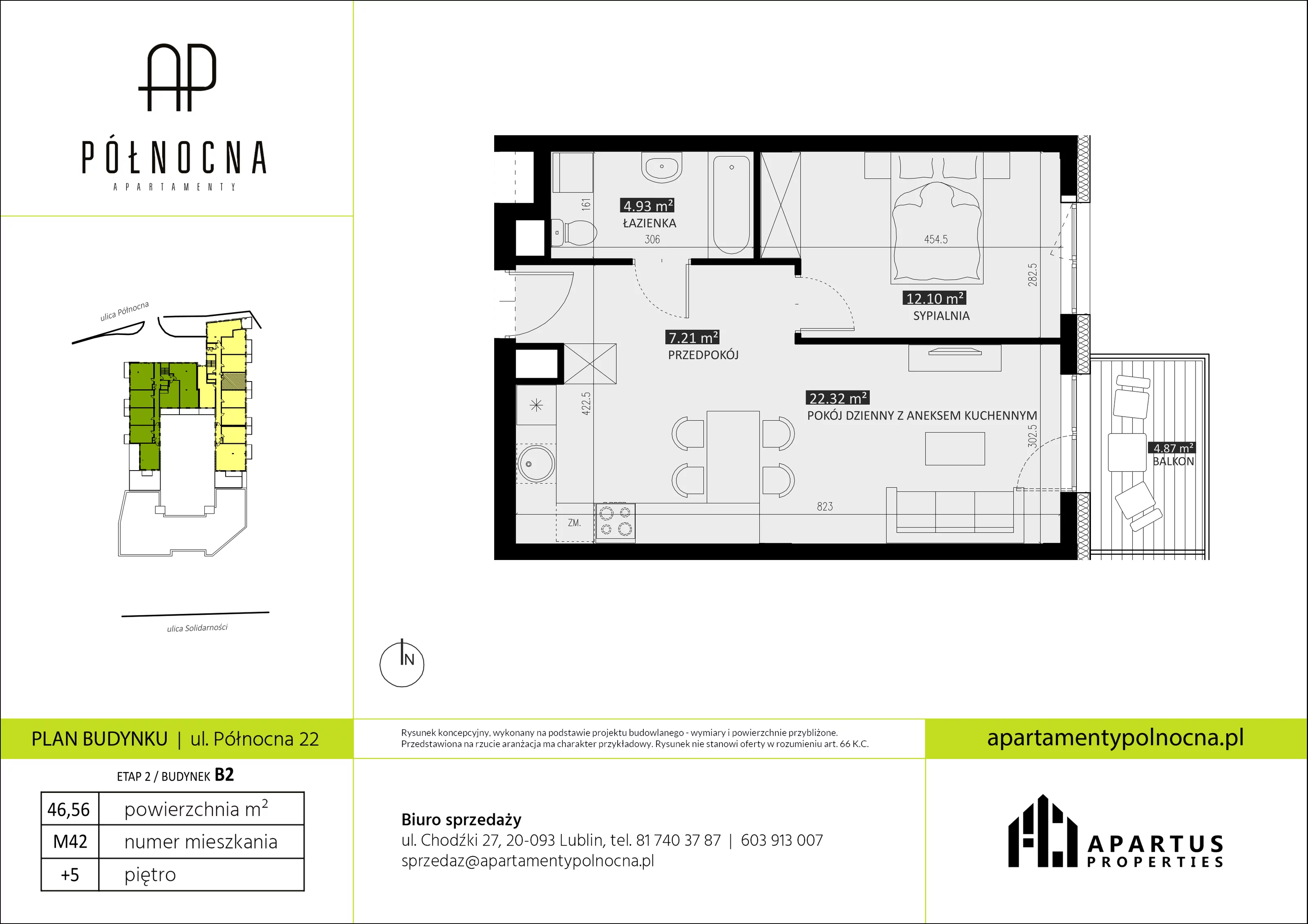 Mieszkanie 46,56 m², piętro 5, oferta nr B2/42, Apartamenty Północna, Lublin, Śródmieście, Śródmieście, ul. Północna 22/24