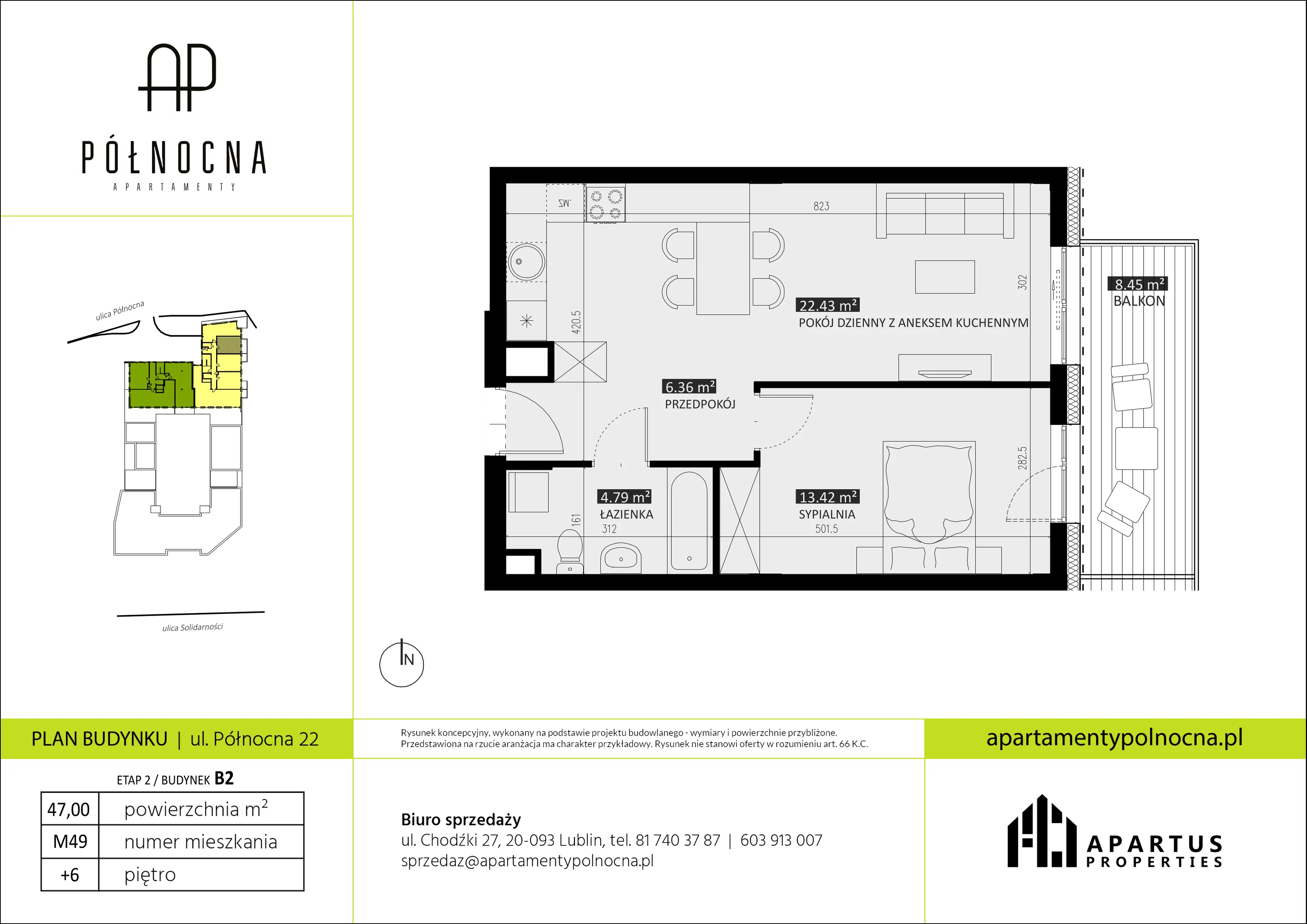 Mieszkanie 47,00 m², piętro 6, oferta nr B2/49, Apartamenty Północna, Lublin, Śródmieście, Śródmieście, ul. Północna 22/24