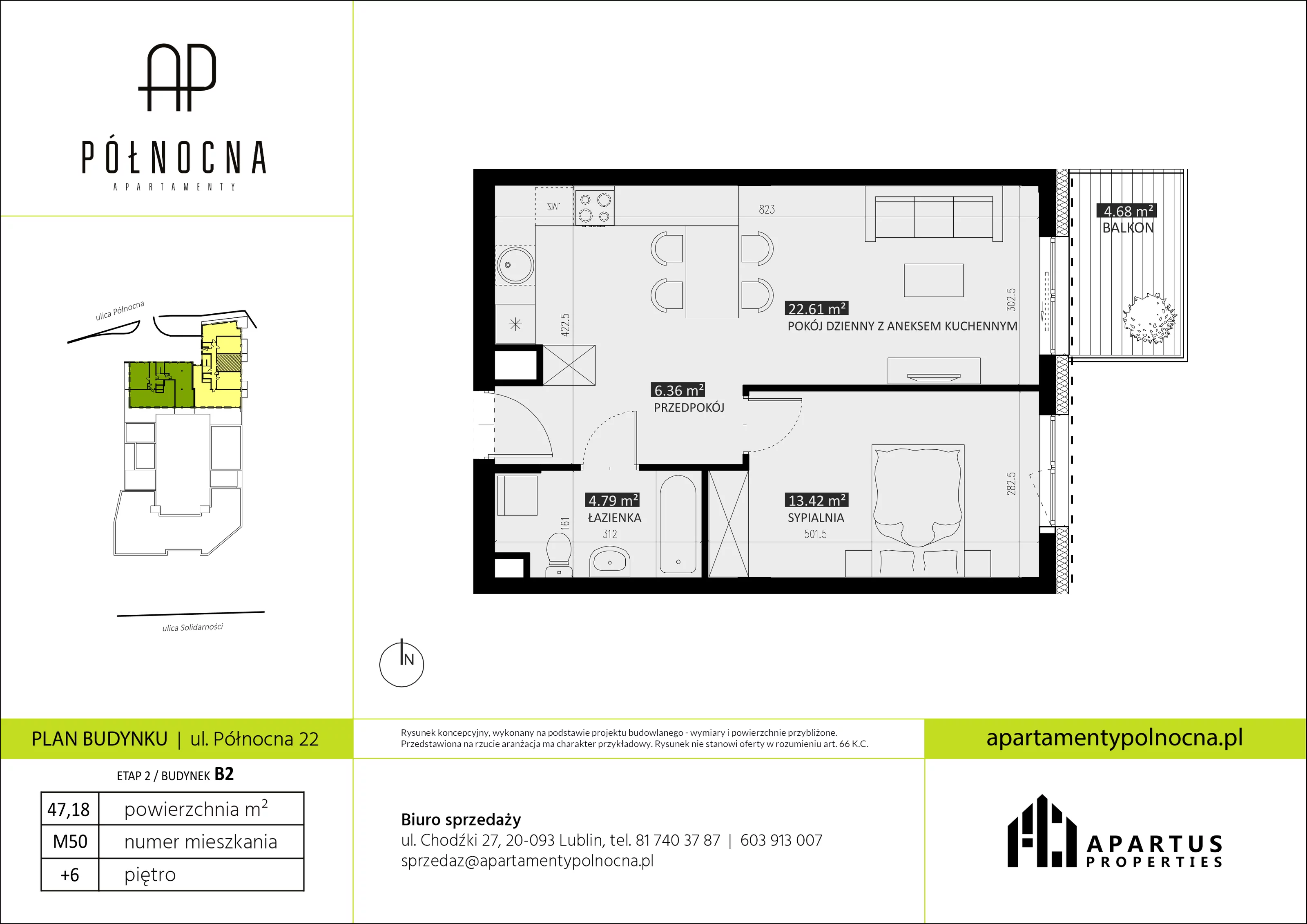 Mieszkanie 47,18 m², piętro 6, oferta nr B2/50, Apartamenty Północna, Lublin, Śródmieście, Śródmieście, ul. Północna 22/24