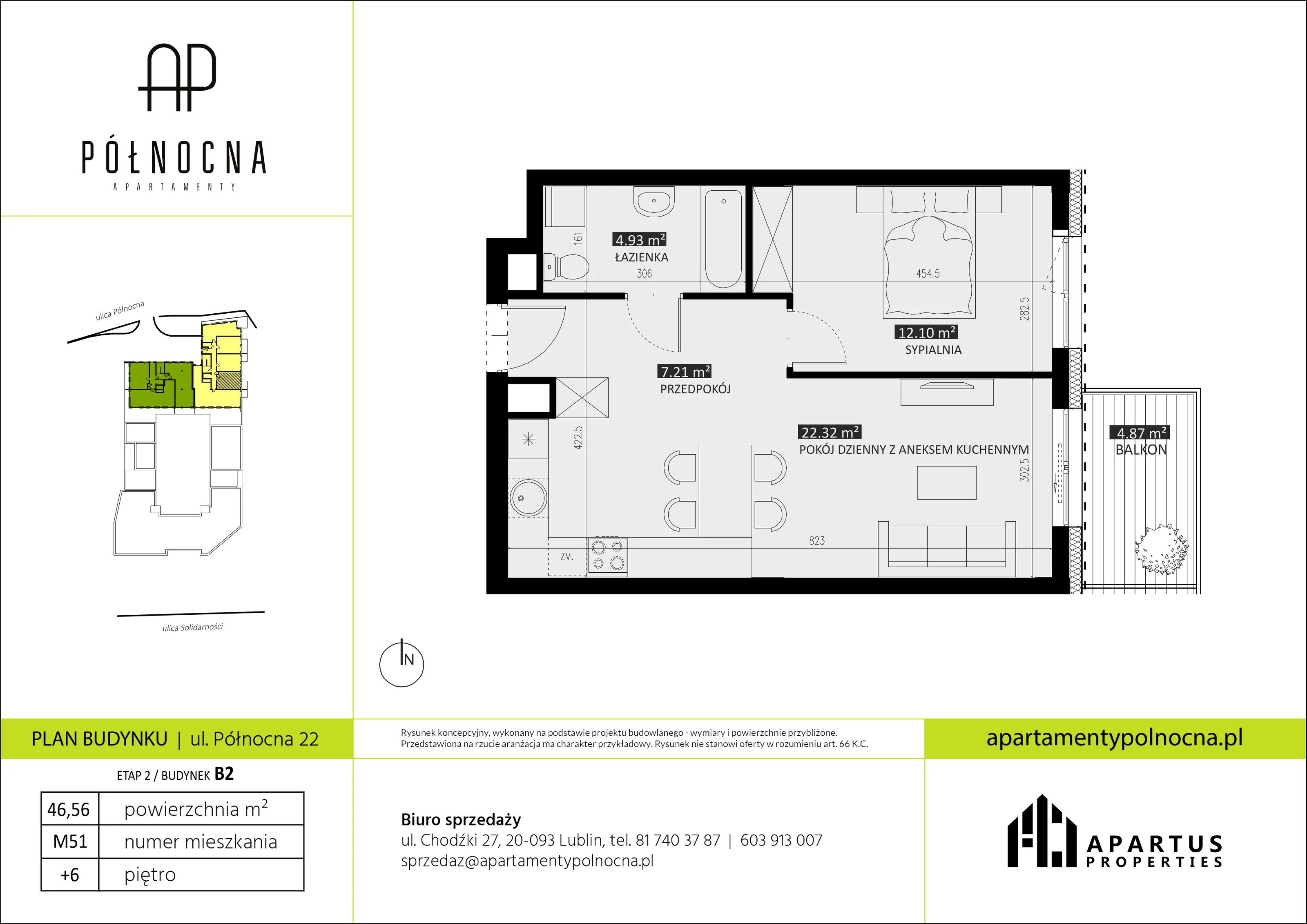 Mieszkanie 46,56 m², piętro 6, oferta nr B2/51, Apartamenty Północna, Lublin, Śródmieście, Śródmieście, ul. Północna 22/24