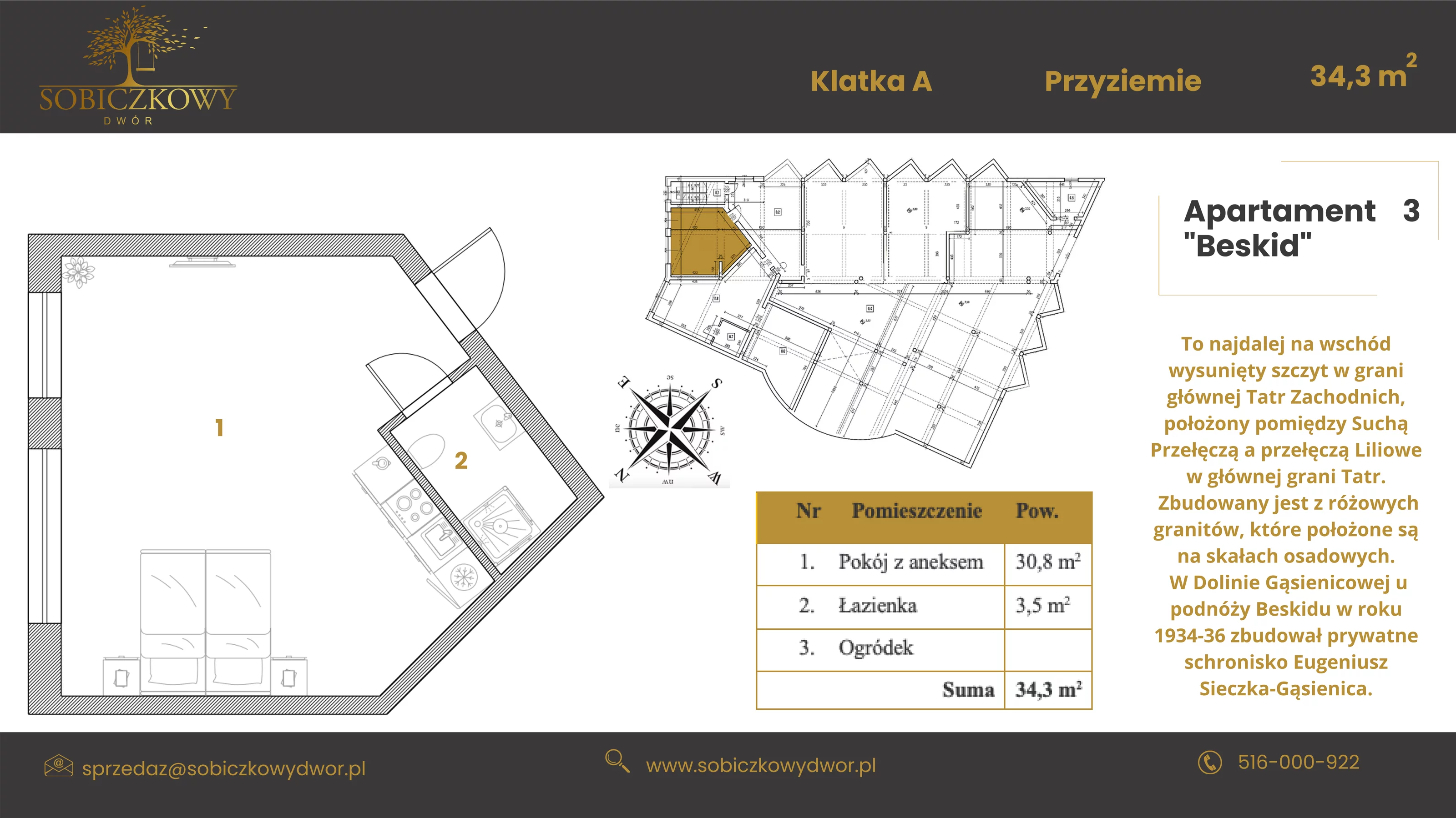 Apartament 34,30 m², poziom -1, oferta nr 3 "Beskid", Sobiczkowy Dwór, Kościelisko, ul. Sobiczkowa Bór 1