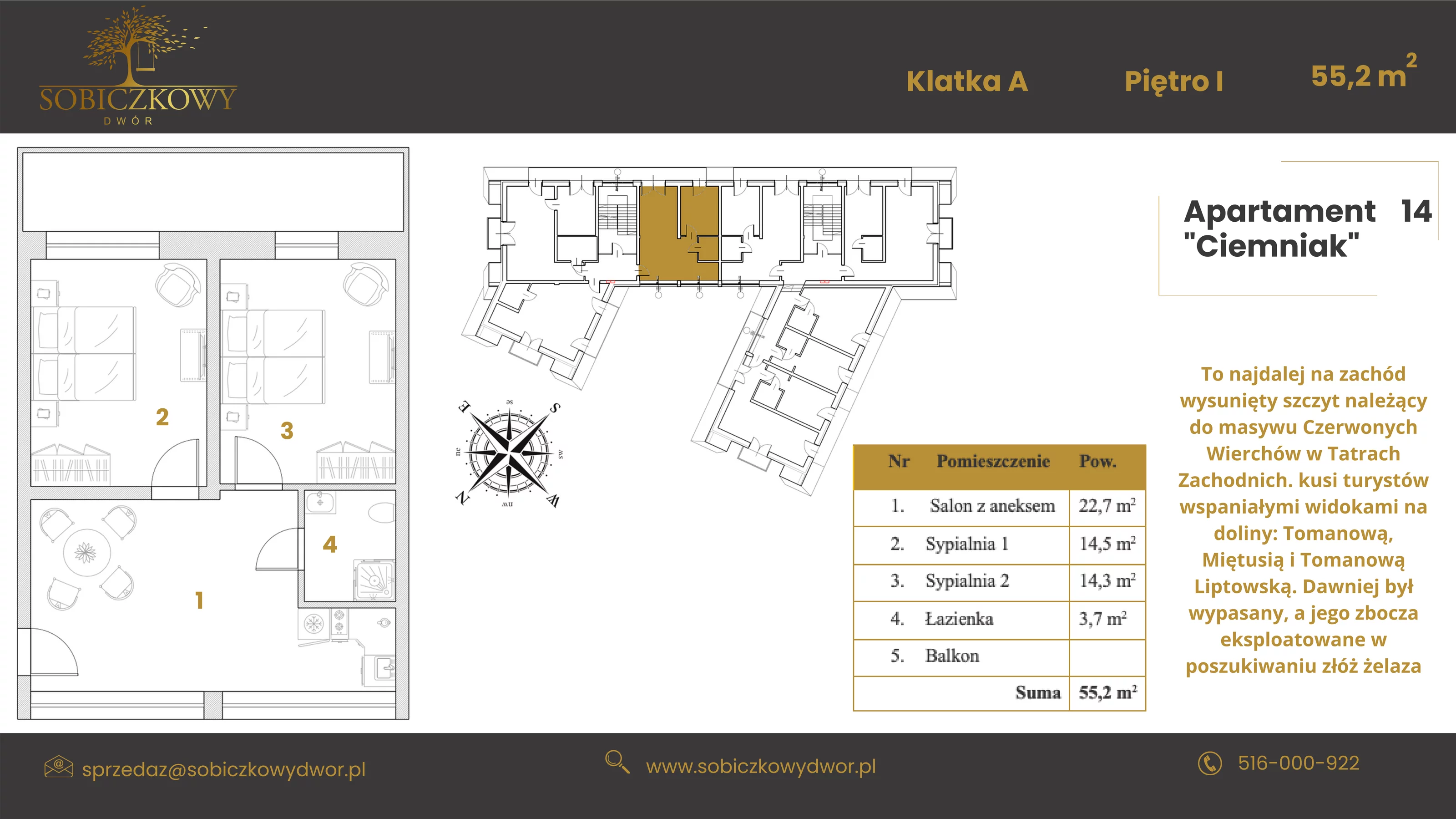 Apartament 55,20 m², piętro 1, oferta nr 14 "Ciemniak", Sobiczkowy Dwór, Kościelisko, ul. Sobiczkowa Bór 1