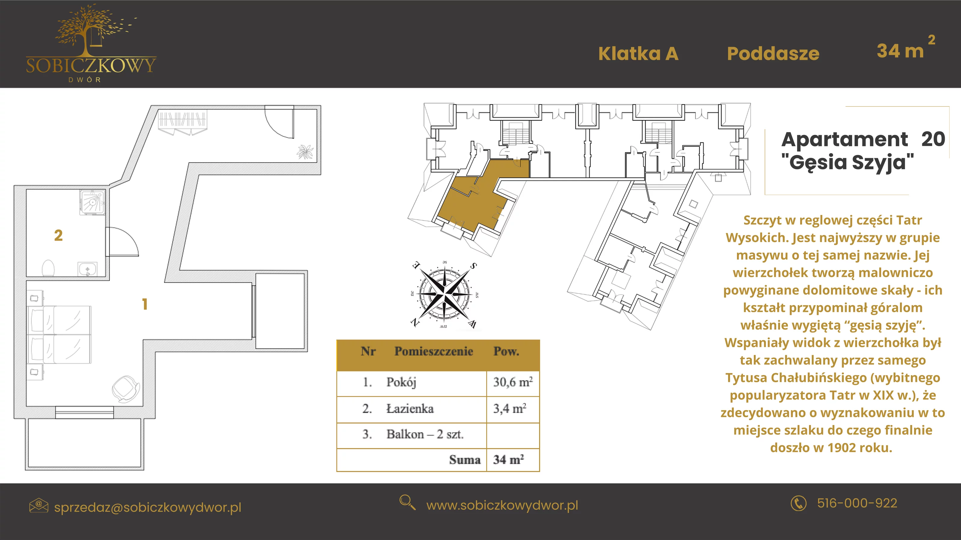 Apartament 34,40 m², piętro 2, oferta nr 20 "Gęsia Szyja", Sobiczkowy Dwór, Kościelisko, ul. Sobiczkowa Bór 1