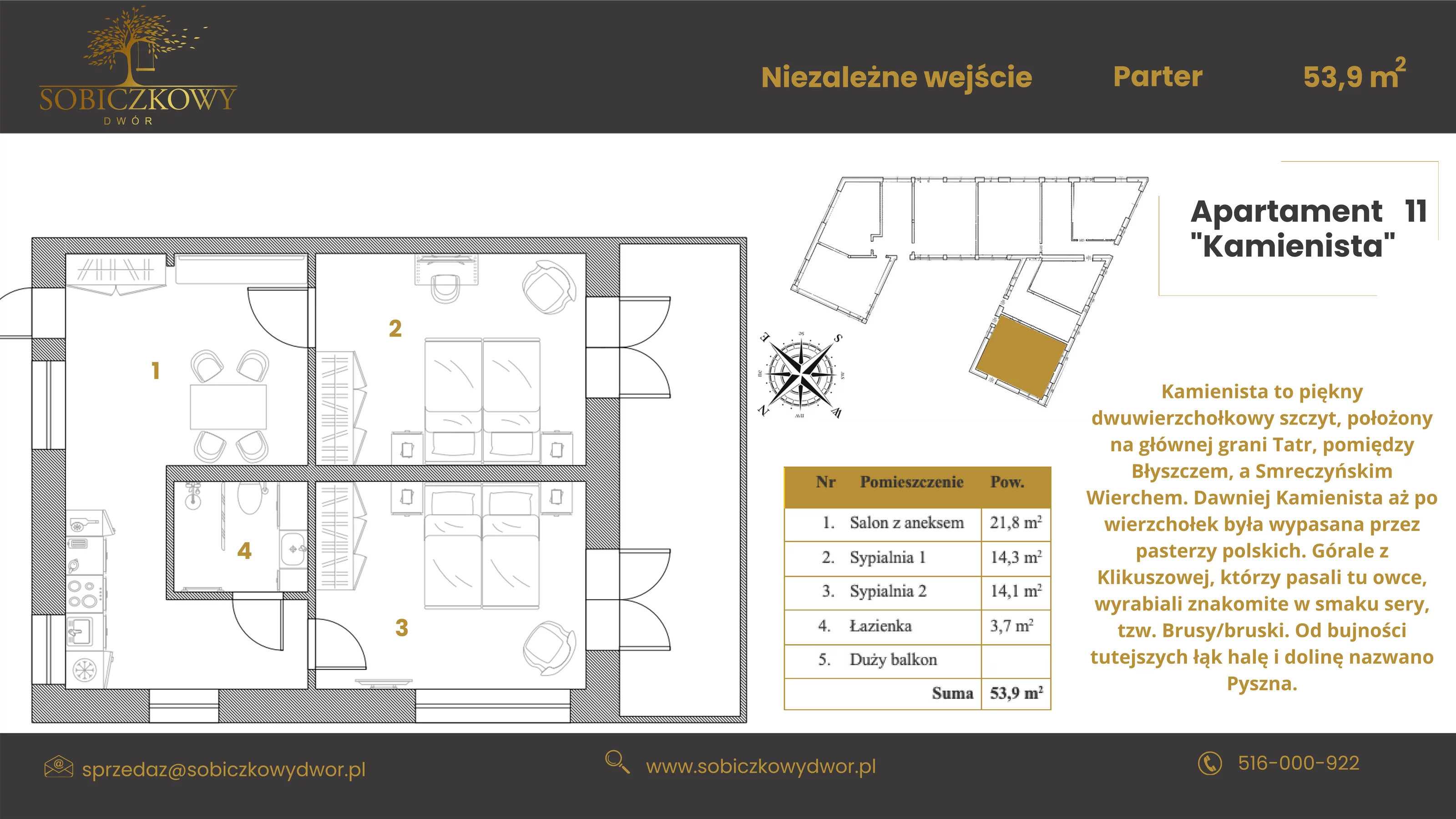 Apartament 53,90 m², parter, oferta nr 11 "Kamienista", Sobiczkowy Dwór, Kościelisko, ul. Sobiczkowa Bór 1