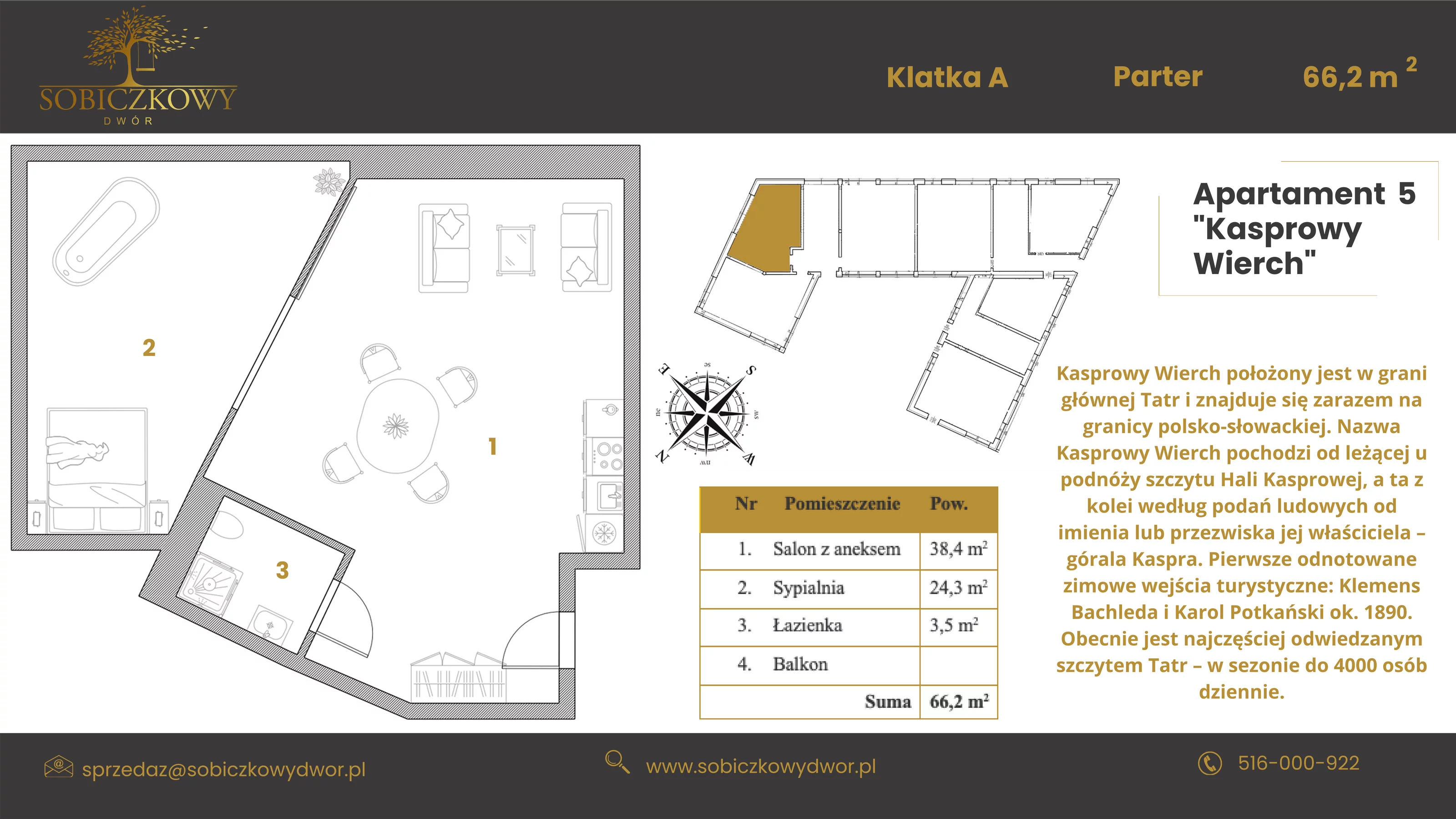 Apartament 66,20 m², parter, oferta nr 5 "Kasprowy Wierch", Sobiczkowy Dwór, Kościelisko, ul. Sobiczkowa Bór 1