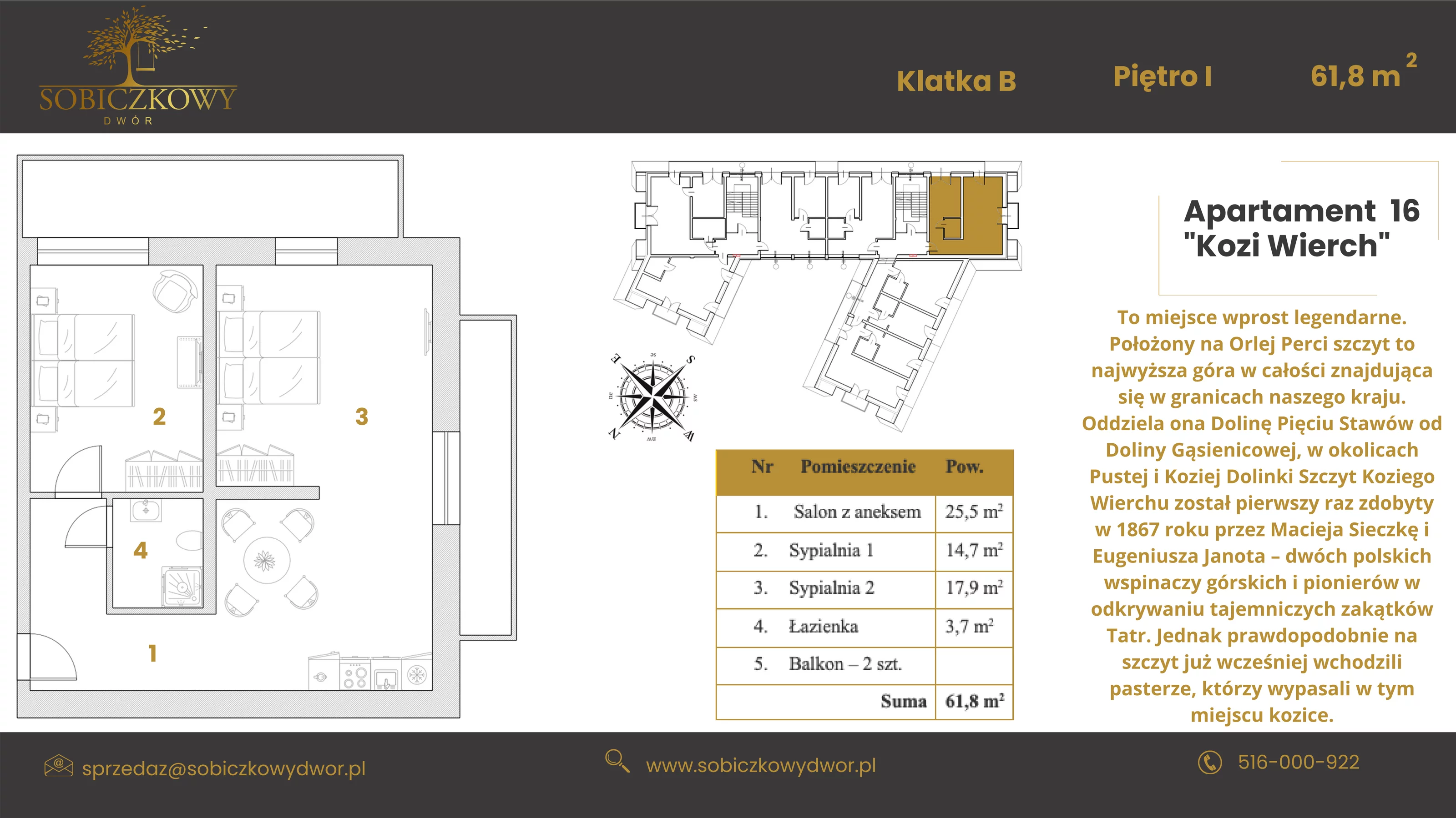 Apartament 61,80 m², piętro 1, oferta nr 16 "Kozi Wierch", Sobiczkowy Dwór, Kościelisko, ul. Sobiczkowa Bór 1