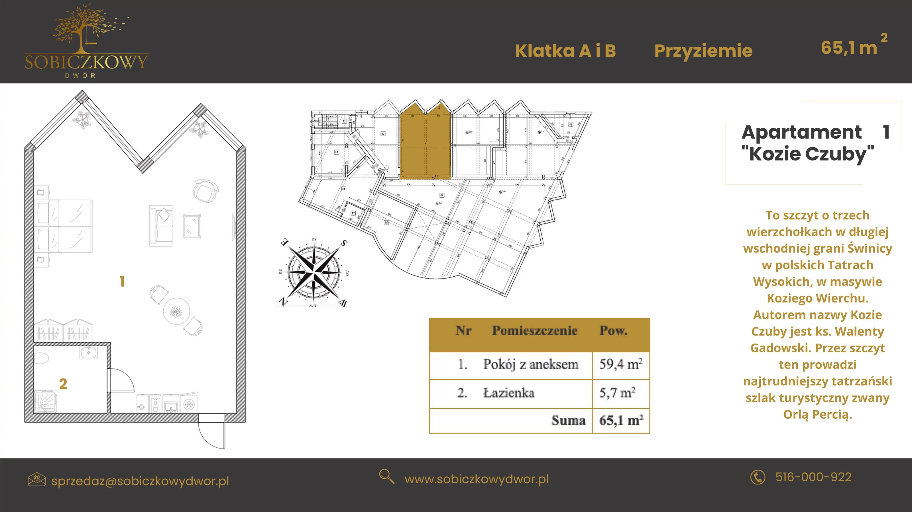 Apartament 65,10 m², poziom -1, oferta nr 1 "Kozie Czuby", Sobiczkowy Dwór, Kościelisko, ul. Sobiczkowa Bór 1