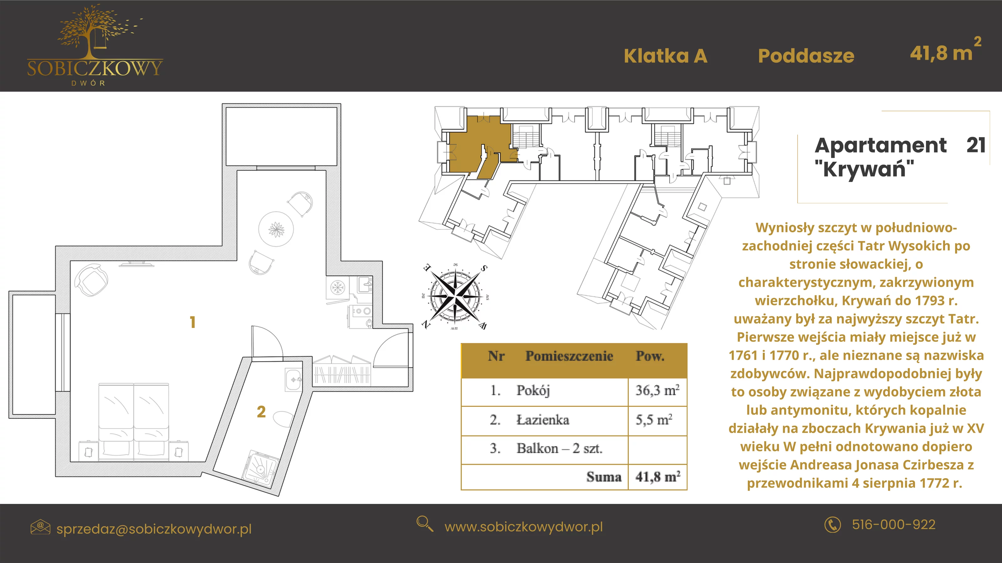 Apartament 41,30 m², piętro 2, oferta nr 21 "Krywań", Sobiczkowy Dwór, Kościelisko, ul. Sobiczkowa Bór 1