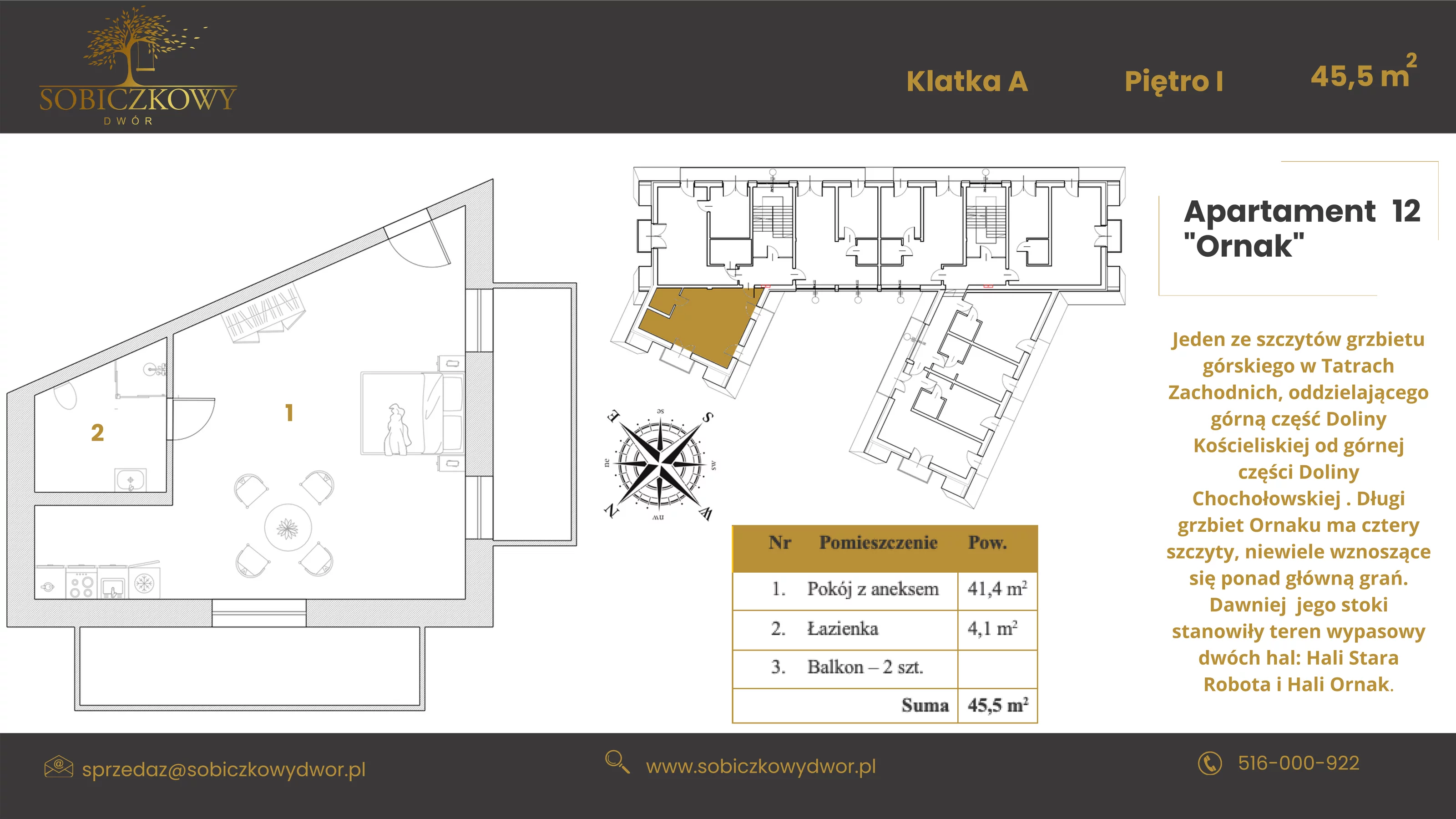 Apartament 45,50 m², piętro 1, oferta nr 12 "Ornak", Sobiczkowy Dwór, Kościelisko, ul. Sobiczkowa Bór 1