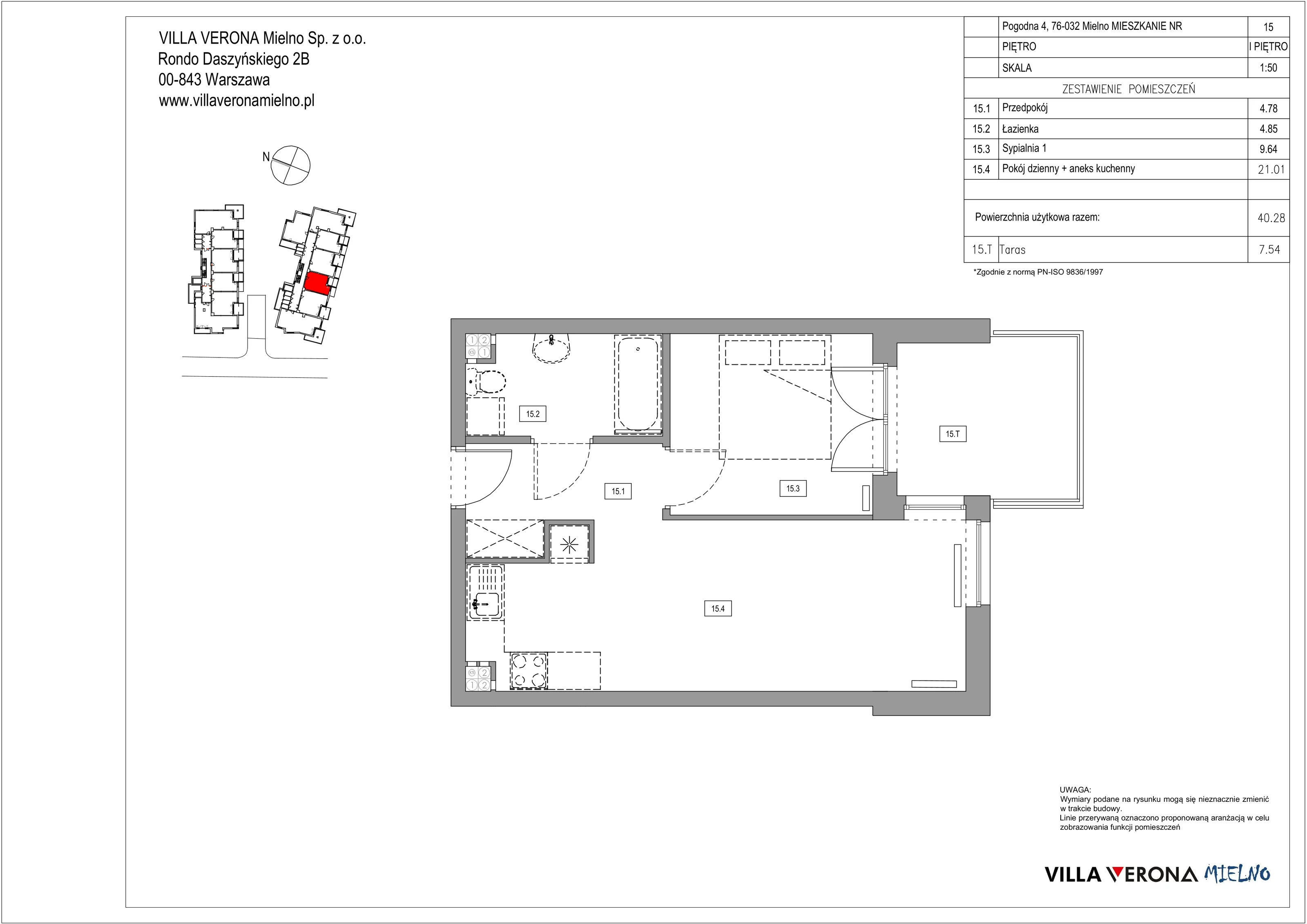 2 pokoje, apartament 40,28 m², piętro 1, oferta nr B15, Villa Verona Mielno, Mielno, ul. Pogodna 4A