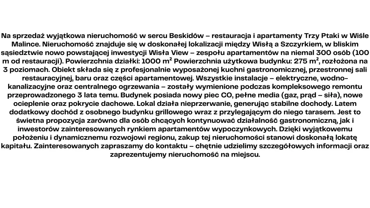 Lokal użytkowy 275,00 m², oferta nr , 833684, Wisła, Malinka