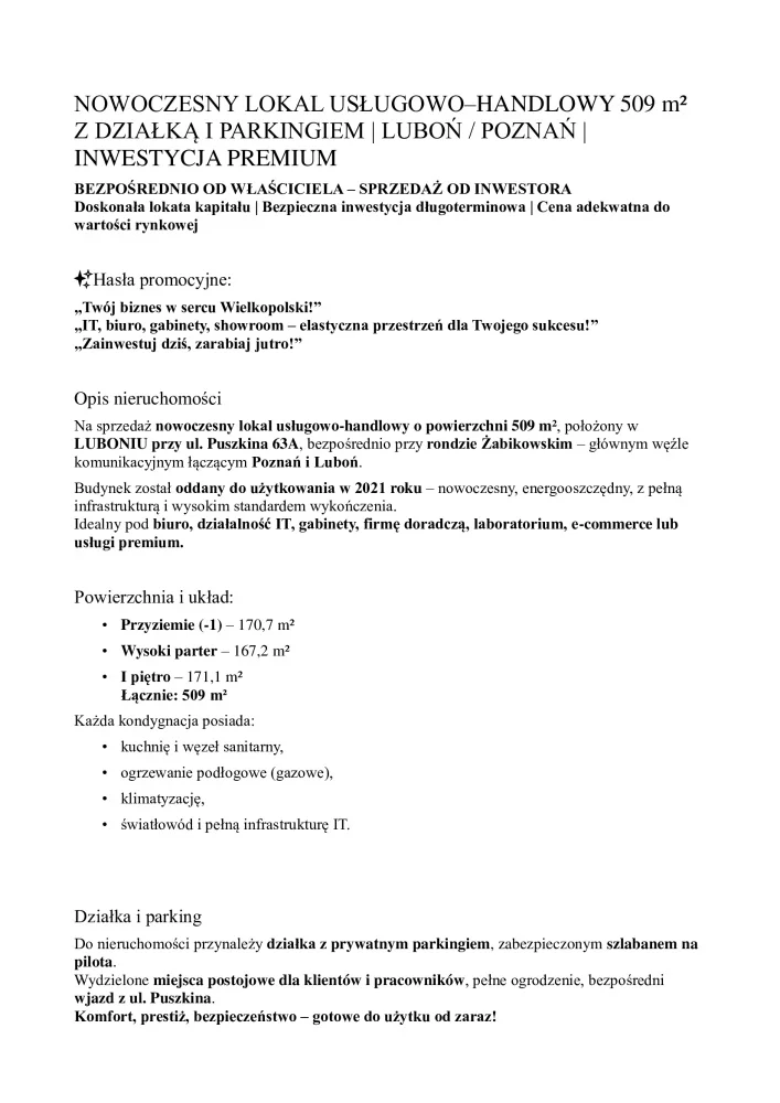 Lokal użytkowy 509,00 m², oferta nr , 834276, Luboń, Puszkina