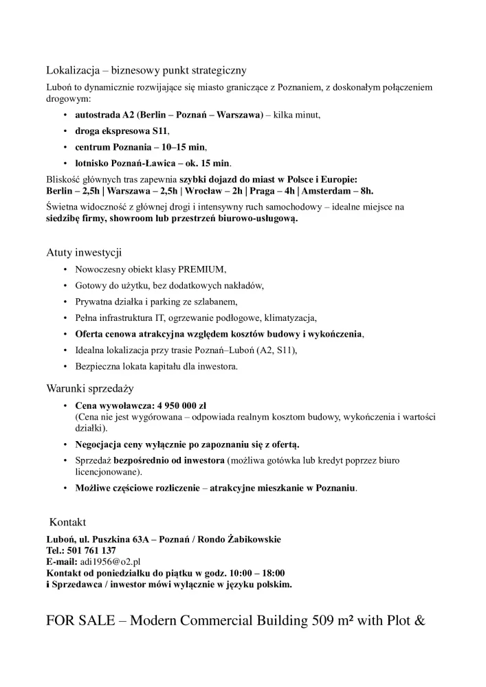 Lokal użytkowy 509,00 m², oferta nr , 834276, Luboń, Puszkina