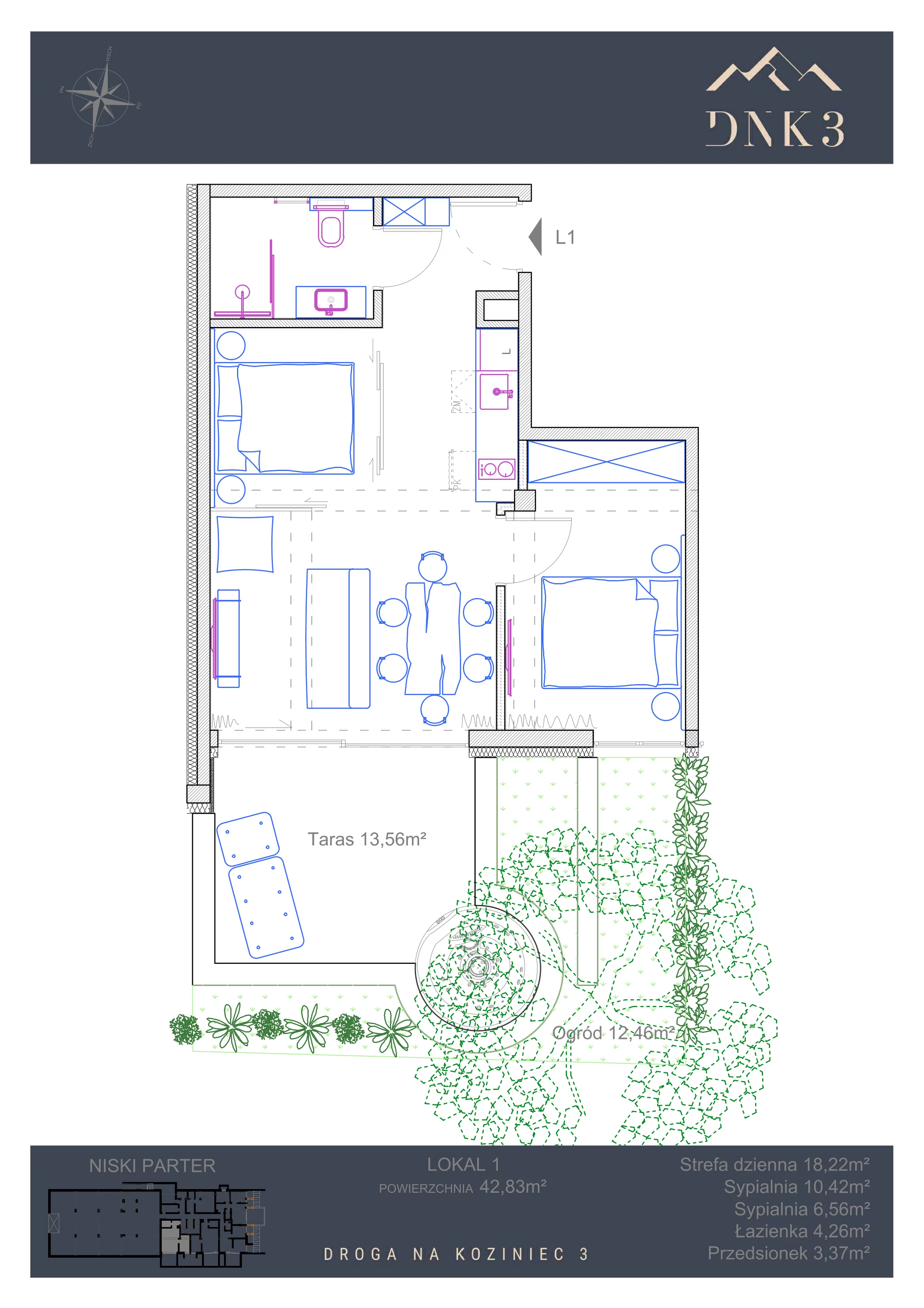 Apartament 42,83 m², parter, oferta nr L1, Apartamenty DNK3, Zakopane, Koziniec, ul. Droga Na Koziniec 3