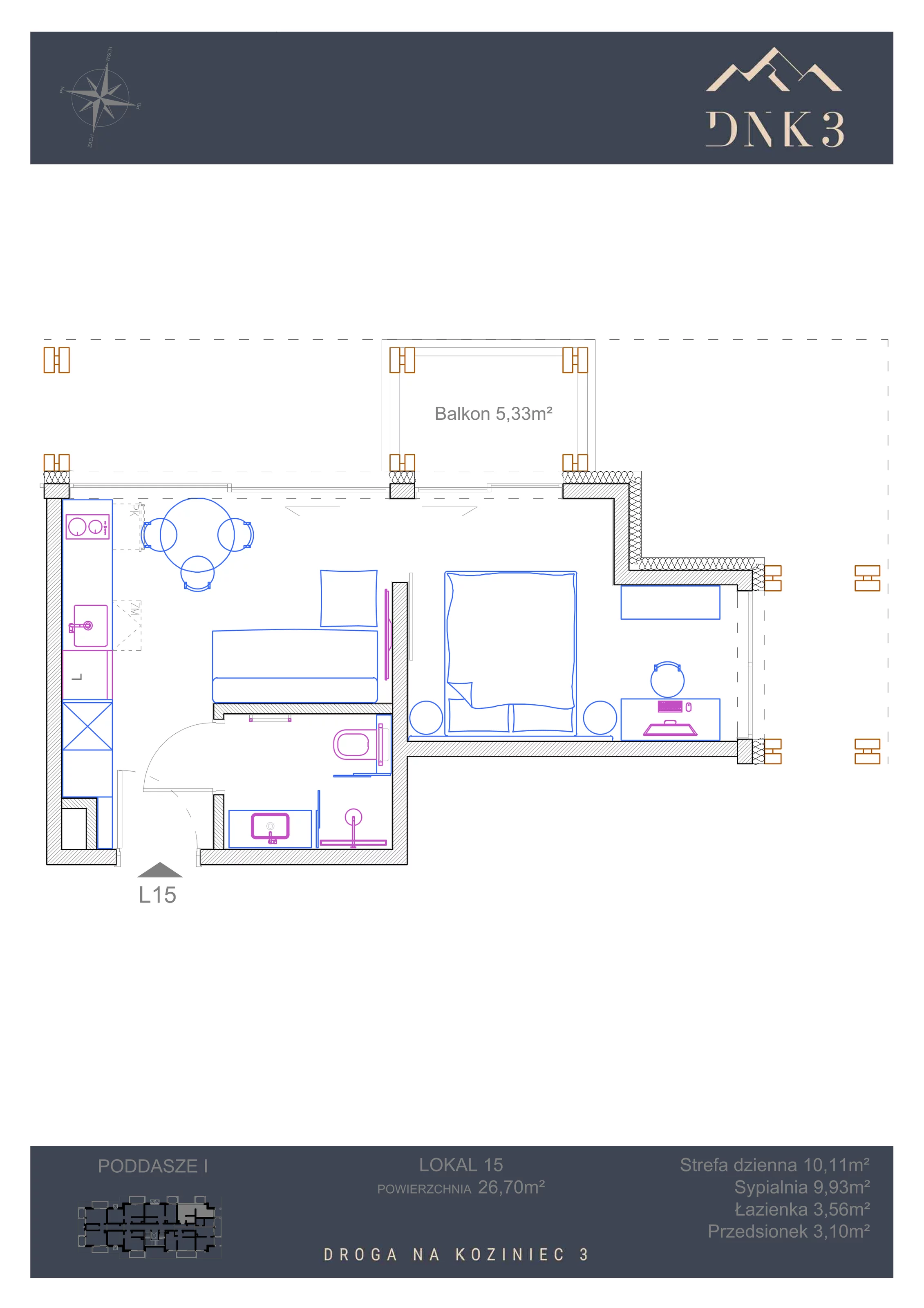 Apartament 26,70 m², piętro 1, oferta nr L15, Apartamenty DNK3, Zakopane, Koziniec, ul. Droga Na Koziniec 3